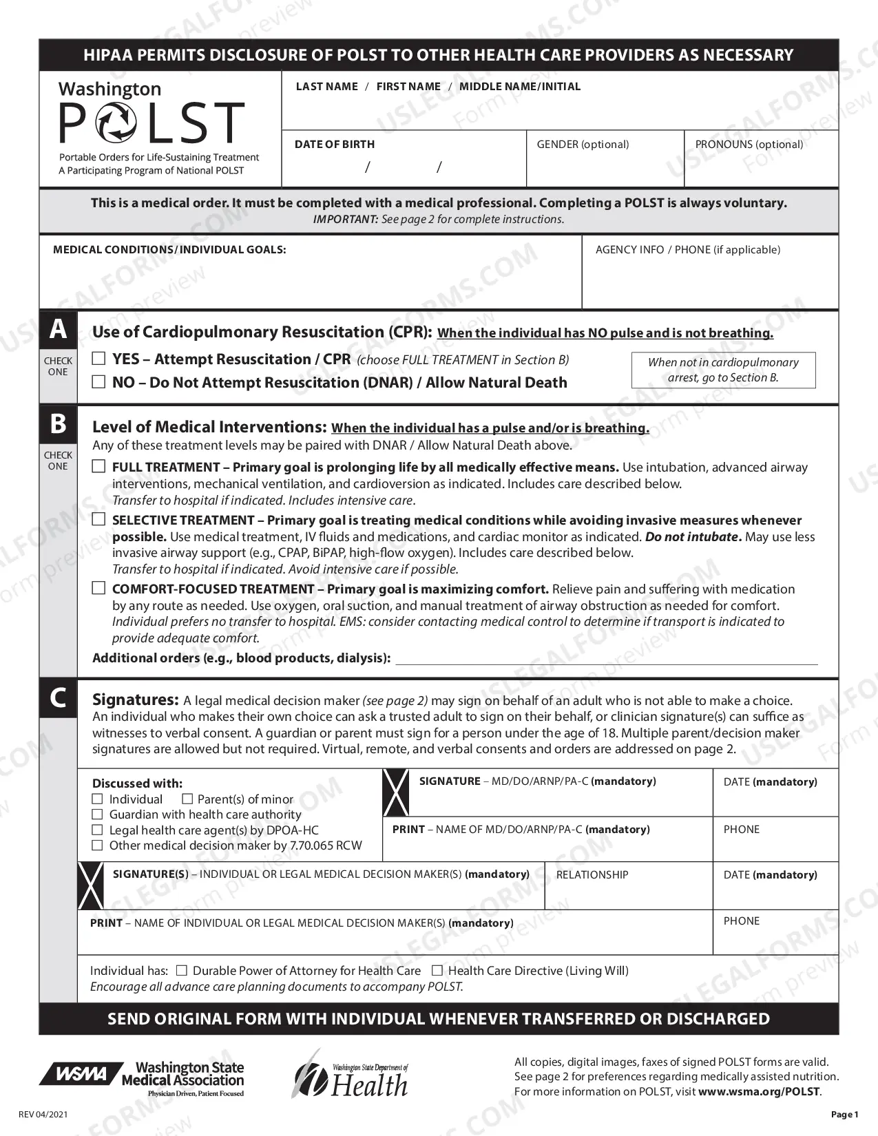 Preview Washington Portable Orders for Life Sustaining Treatment