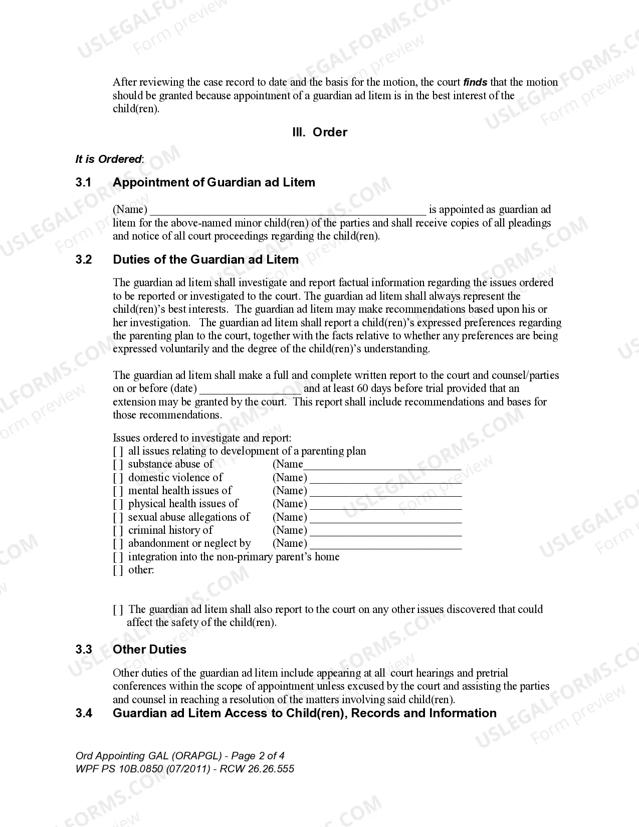 Preview WPF PS 10B.0850 - Order Appointing Guardian ad Litem on Behalf of Minor