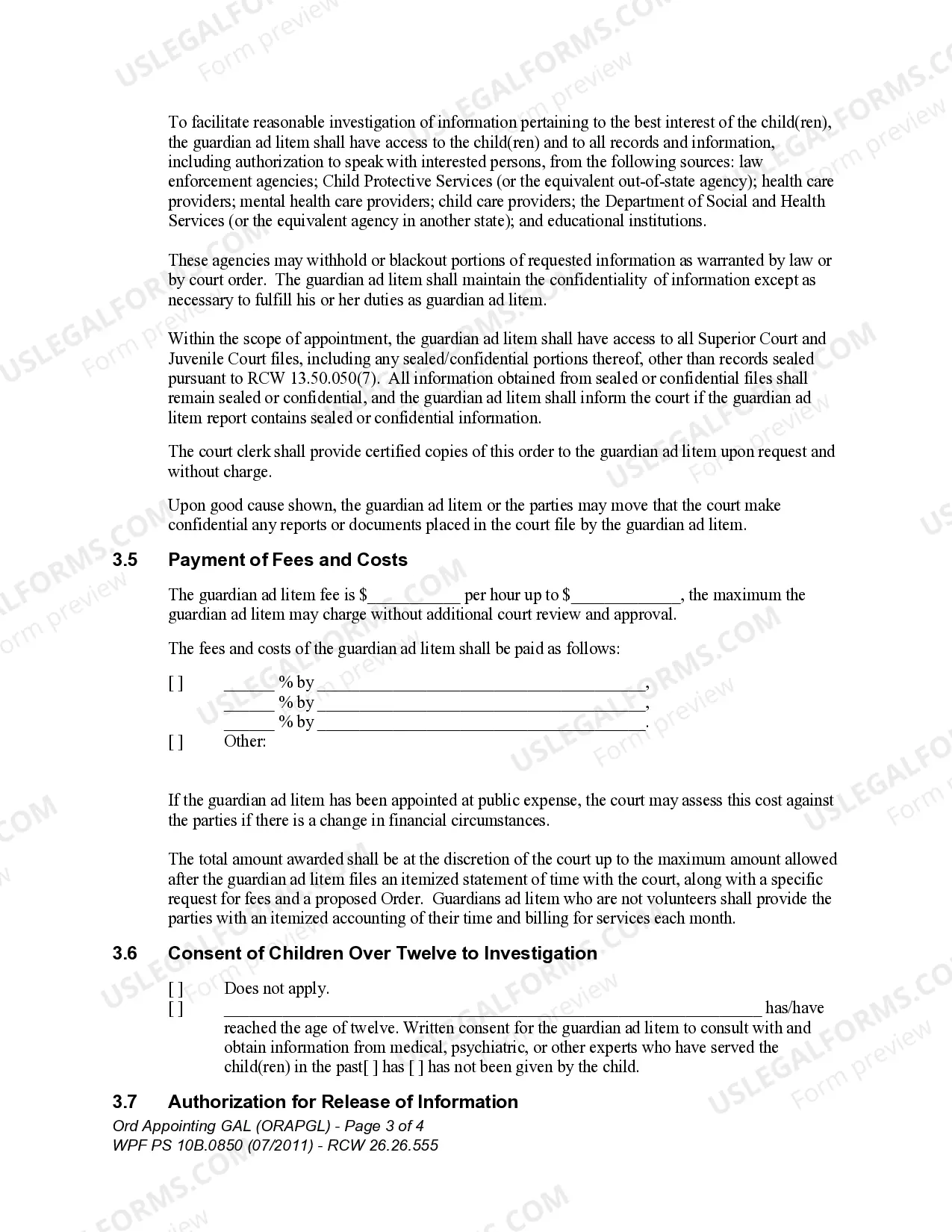 Preview WPF PS 10B.0850 - Order Appointing Guardian ad Litem on Behalf of Minor