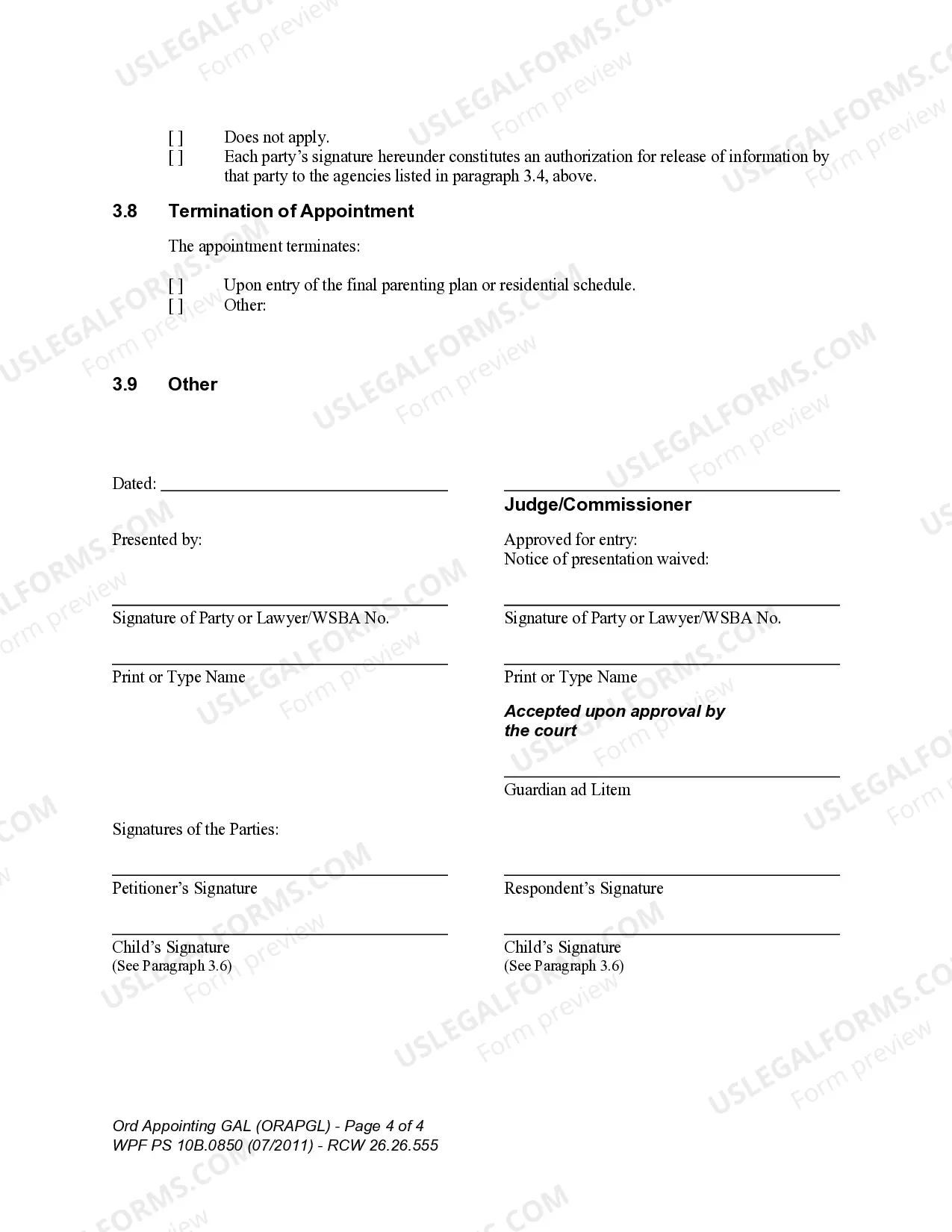 Preview WPF PS 10B.0850 - Order Appointing Guardian ad Litem on Behalf of Minor