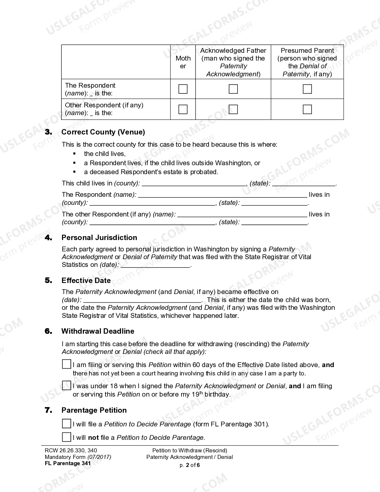 Preview WPF PS 11.0100 - Petition for Rescission of Acknowledgment of Paternity Within 60 Days