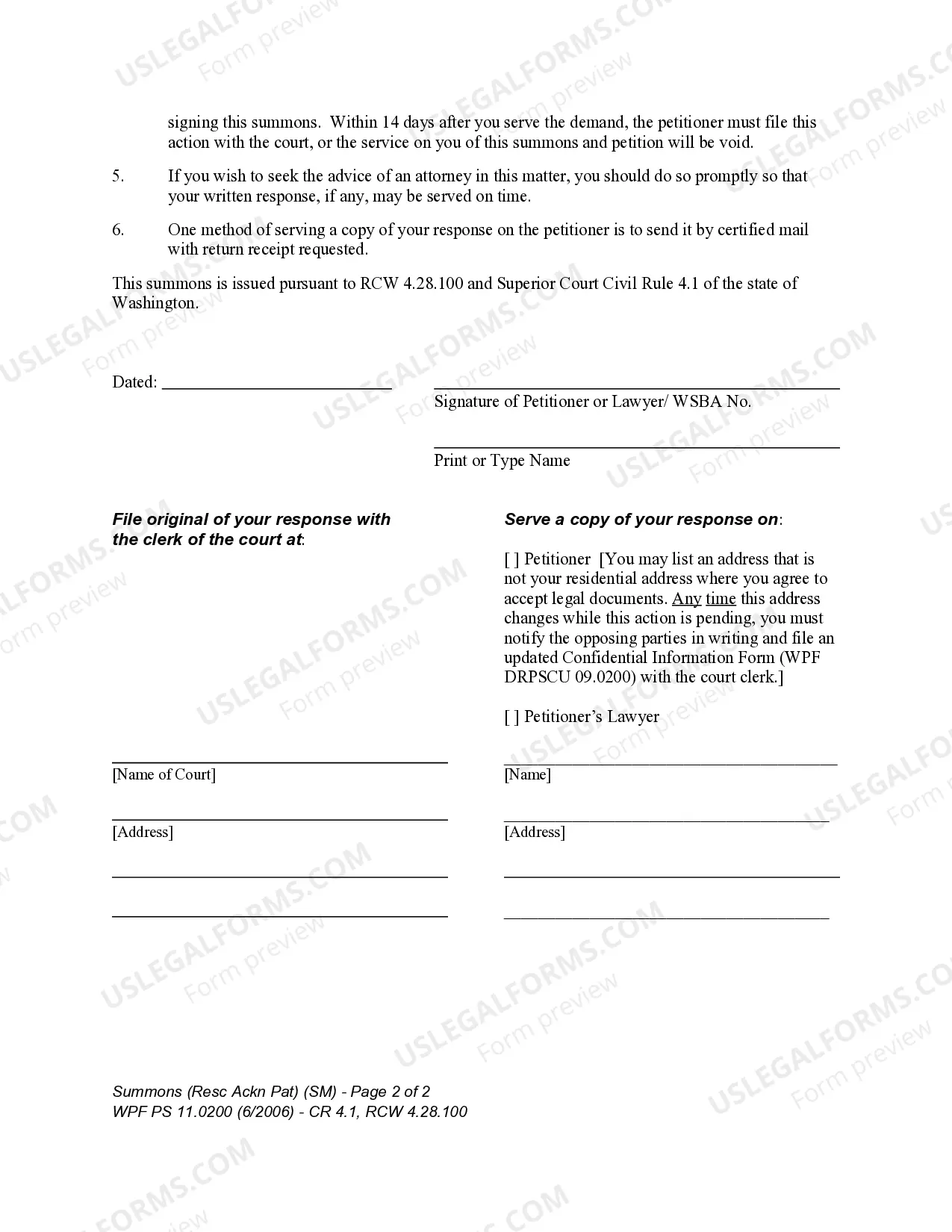 Preview WPF PS 11.0200 - Summons - Rescission of Acknowledgment of Paternity within 60 Days