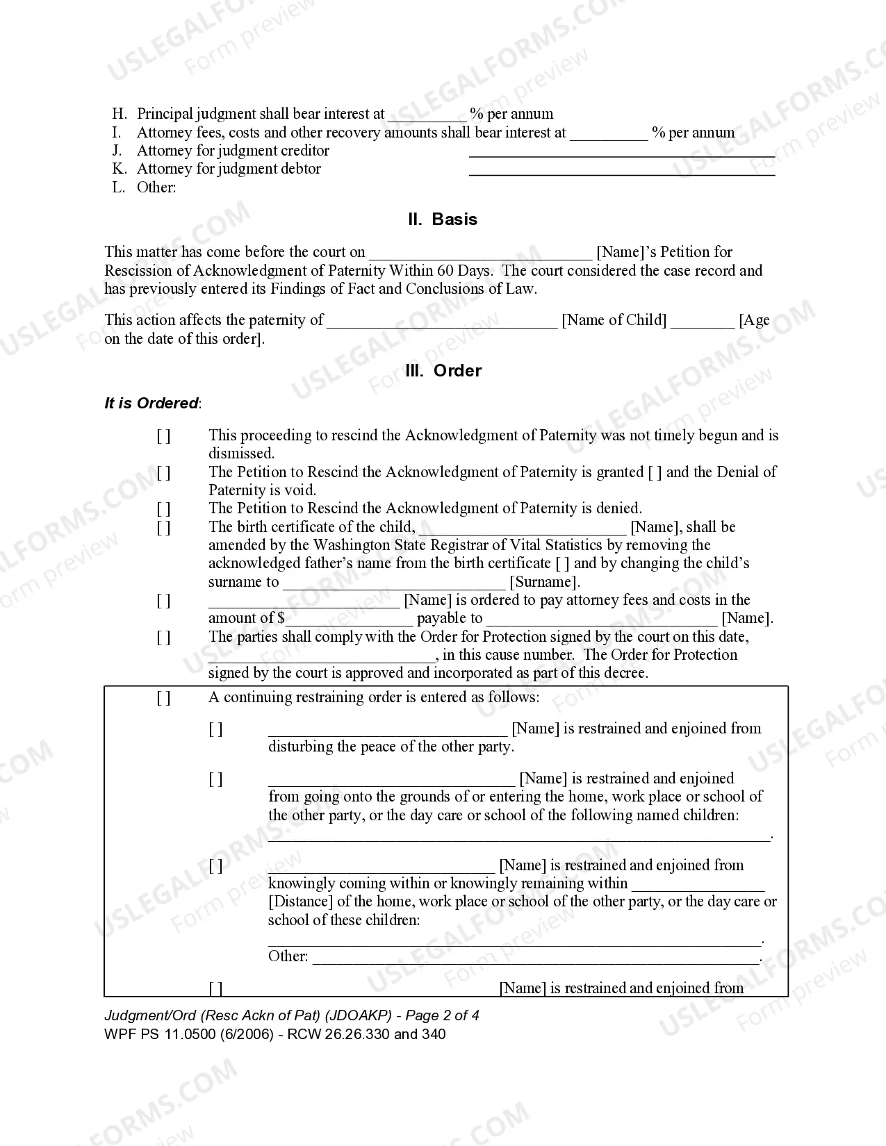 Preview WPF PS 11.0500 - Judgment and Order on Rescission of Acknowledgment of Paternity within 60 Days and Granting Other Relief