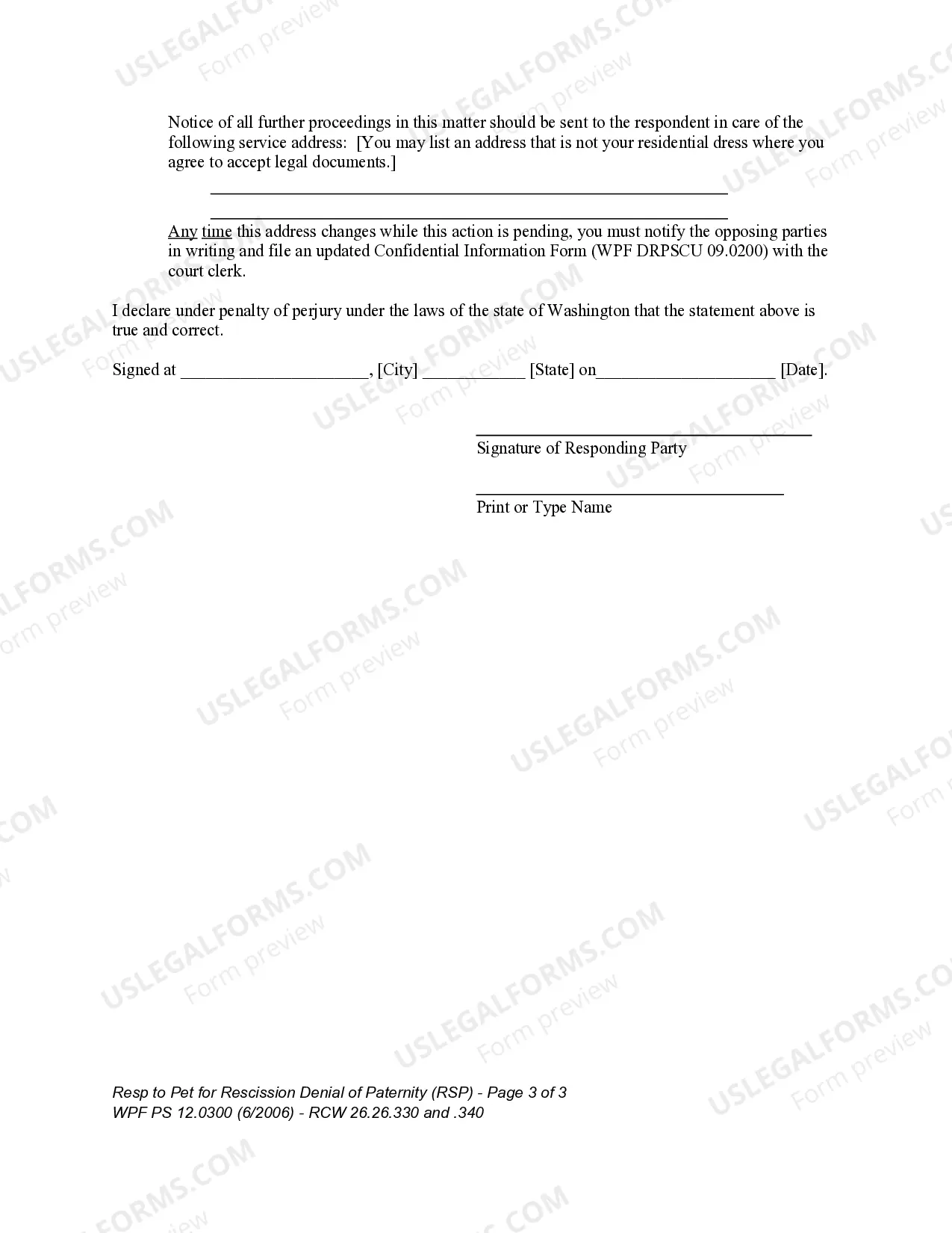 Preview WPF PS 12.0300 - Response to Petition for Rescission of Denial of Paternity within 60 Days