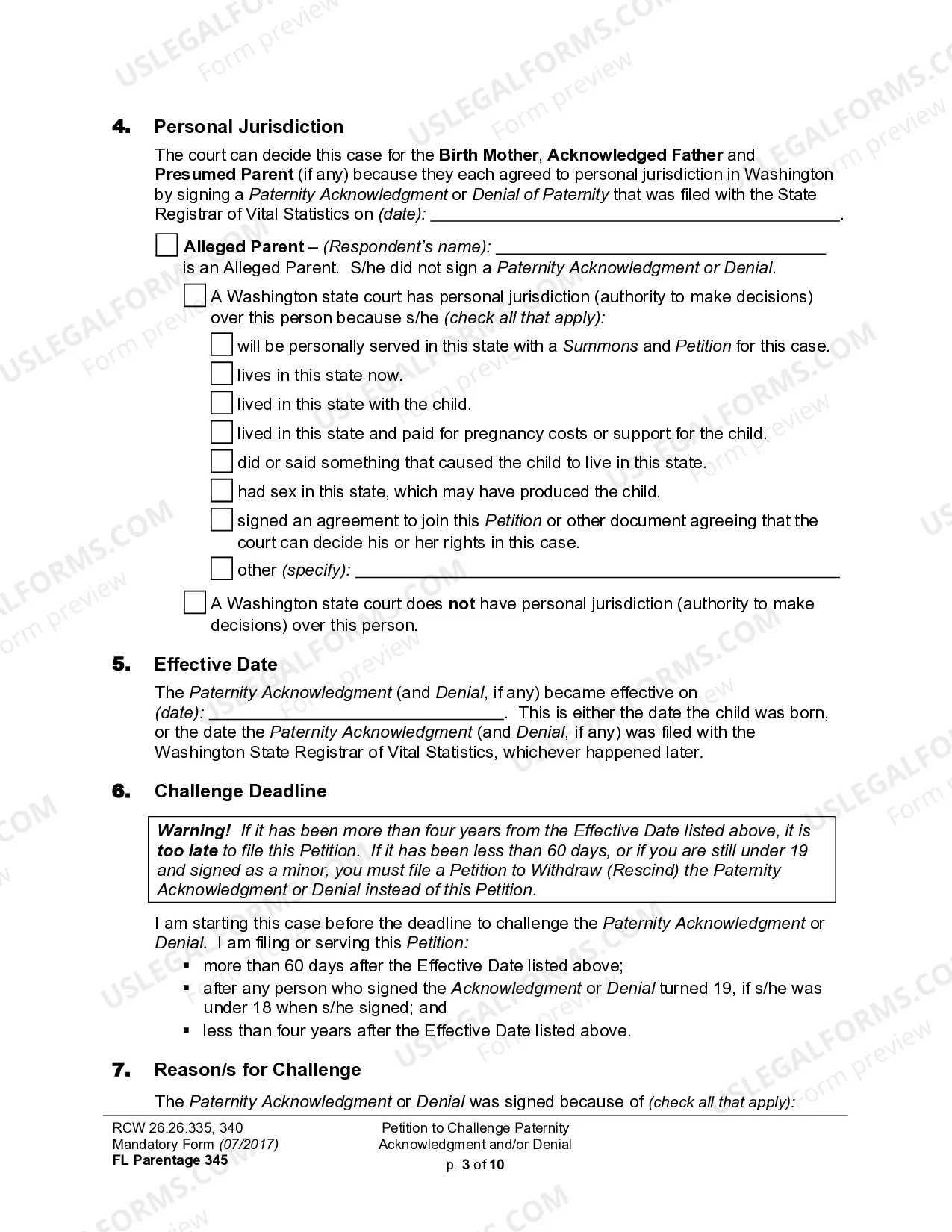 Preview WPF PS 13.0100 - Petition for Challenge to Acknowledgment of Paternity
