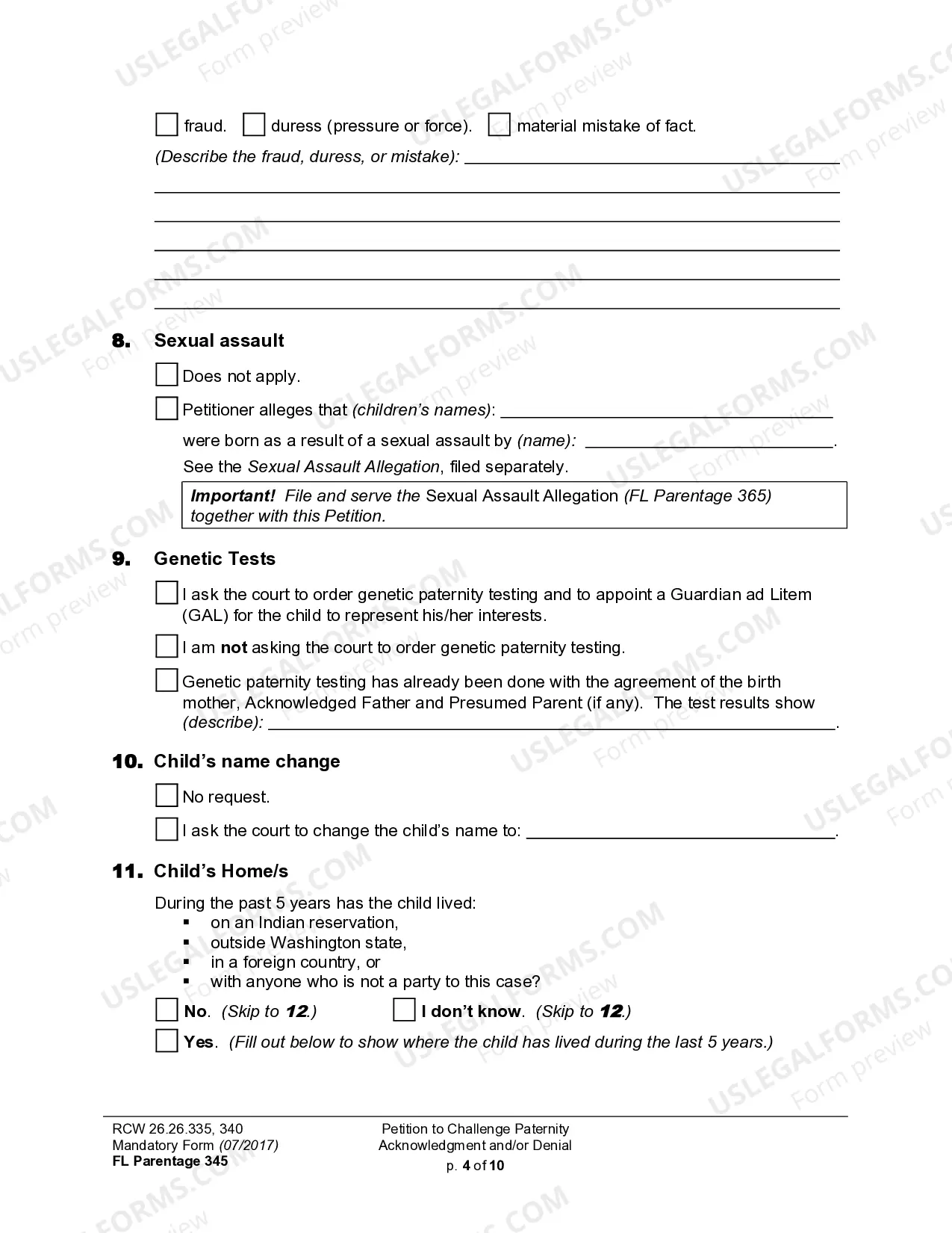 Preview WPF PS 13.0100 - Petition for Challenge to Acknowledgment of Paternity