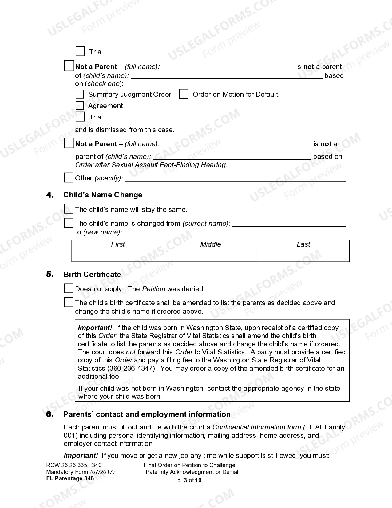 Preview WPF PS 13.0500 - Judgment and Order on Challenge to Acknowledgment of Paternity and Granting Other Relief