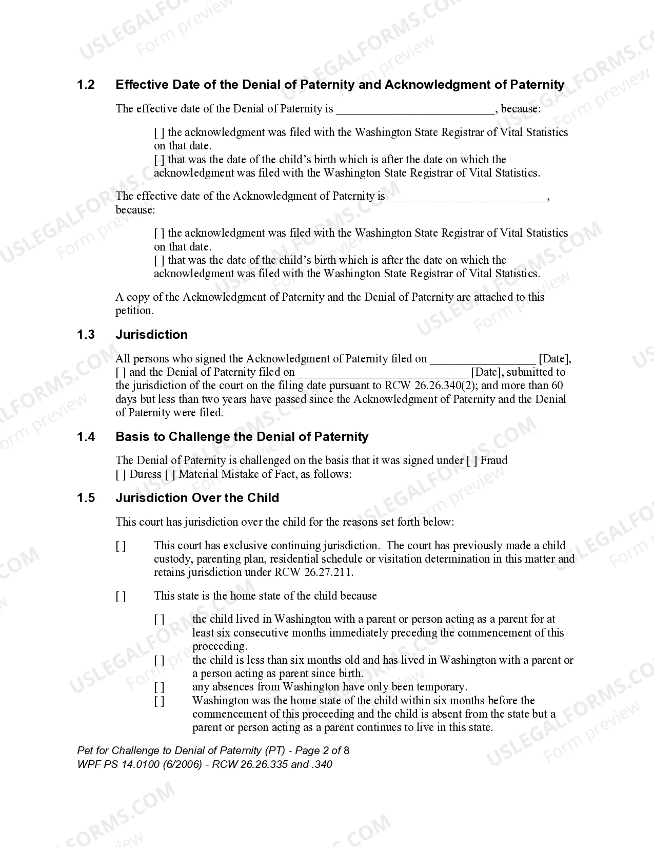 Preview WPF PS 14.0100 - Petition for Challenge to Denial of Paternity