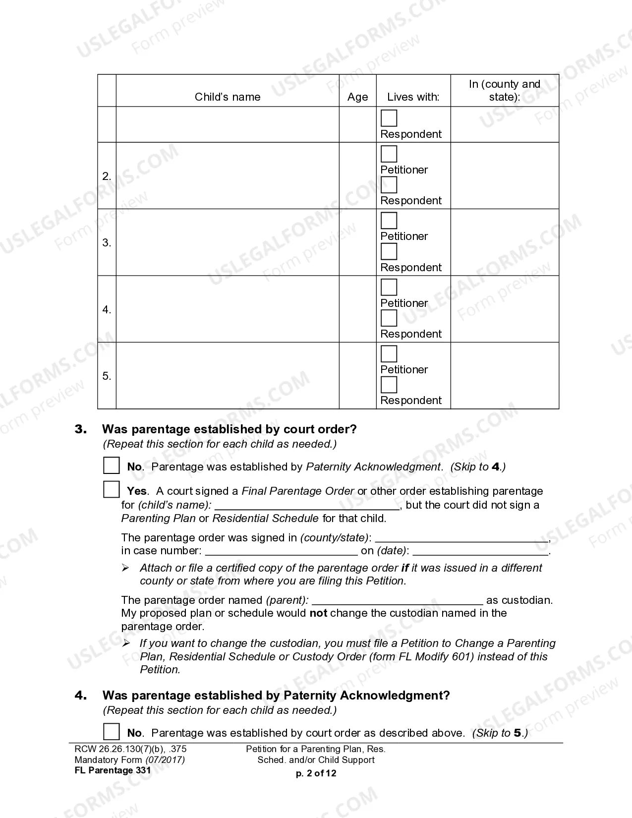 Preview WPF PS 15.0100 - Petition for Residential Schedule Parenting Plan Child Support
