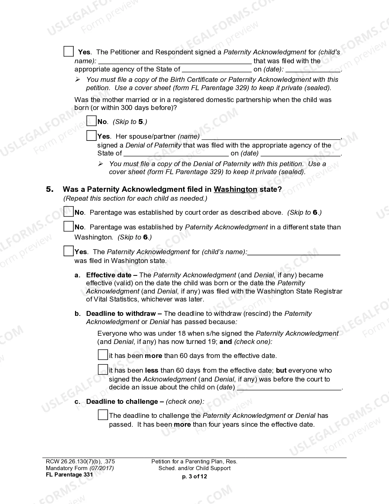Preview WPF PS 15.0100 - Petition for Residential Schedule Parenting Plan Child Support