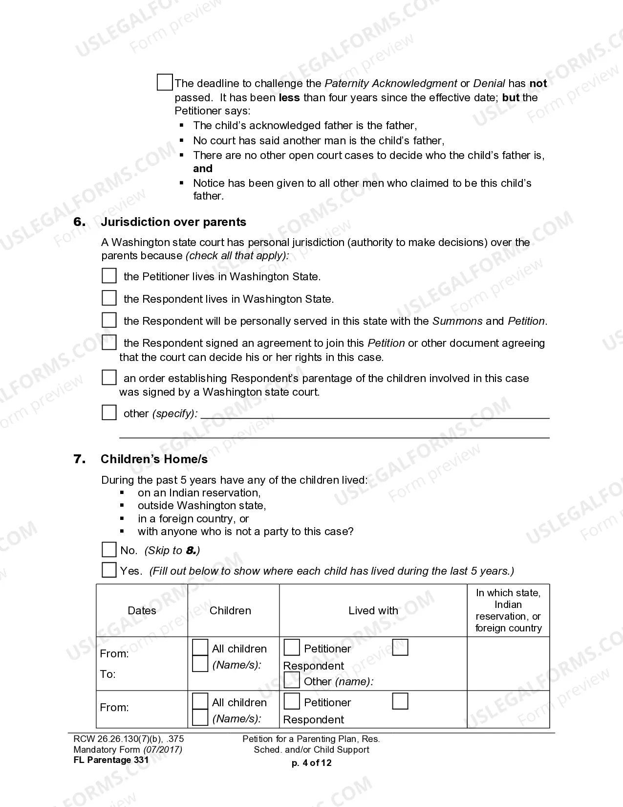 Preview WPF PS 15.0100 - Petition for Residential Schedule Parenting Plan Child Support