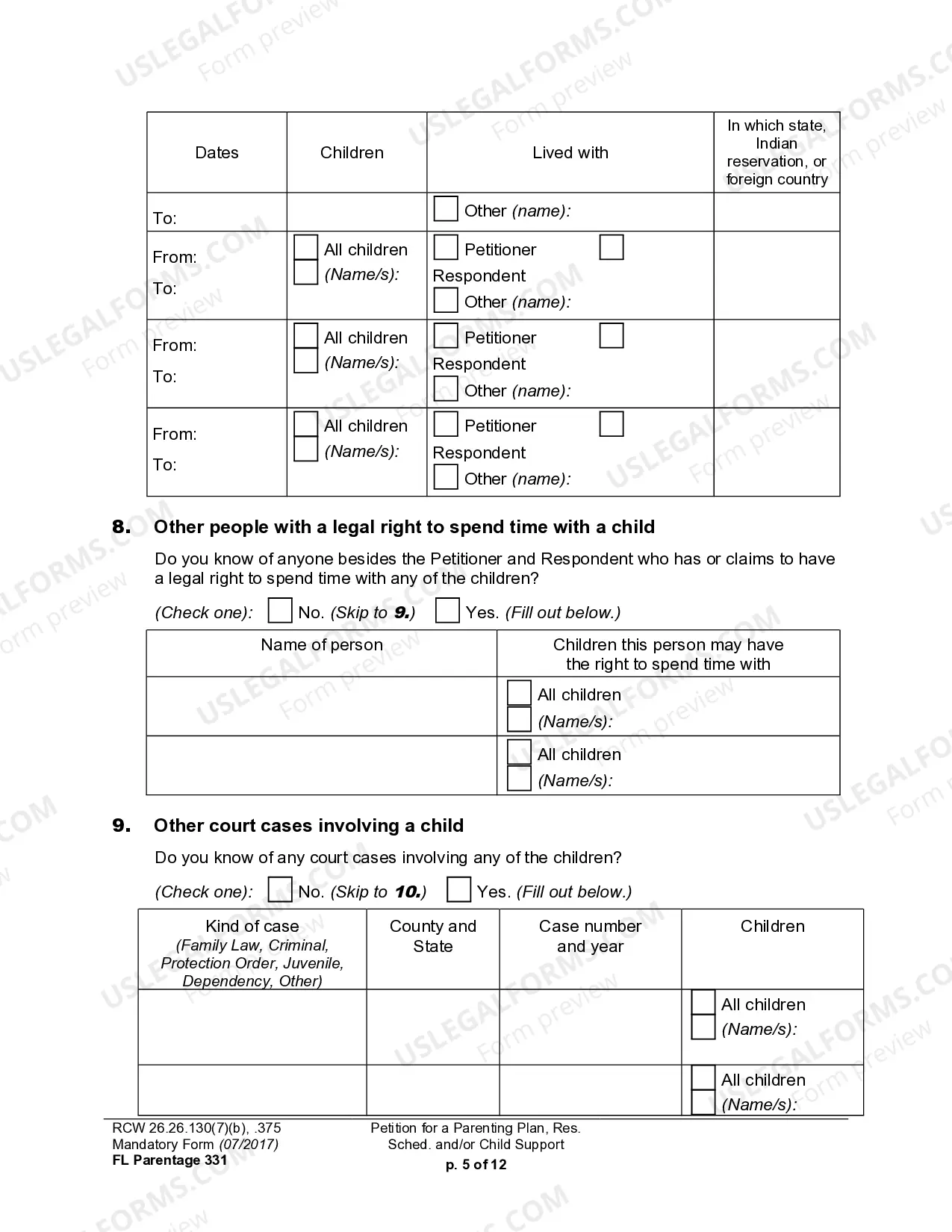 Preview WPF PS 15.0100 - Petition for Residential Schedule Parenting Plan Child Support