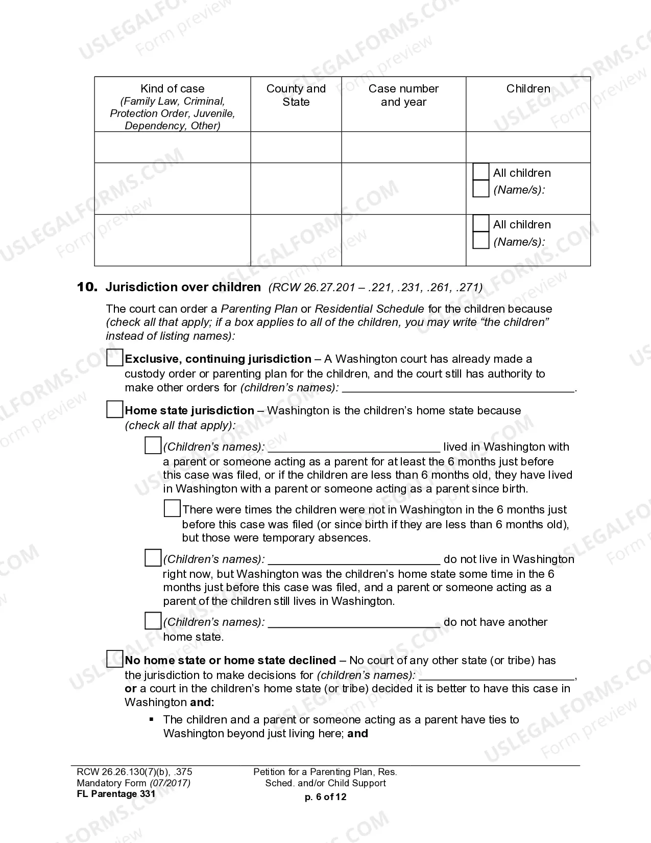 Preview WPF PS 15.0100 - Petition for Residential Schedule Parenting Plan Child Support
