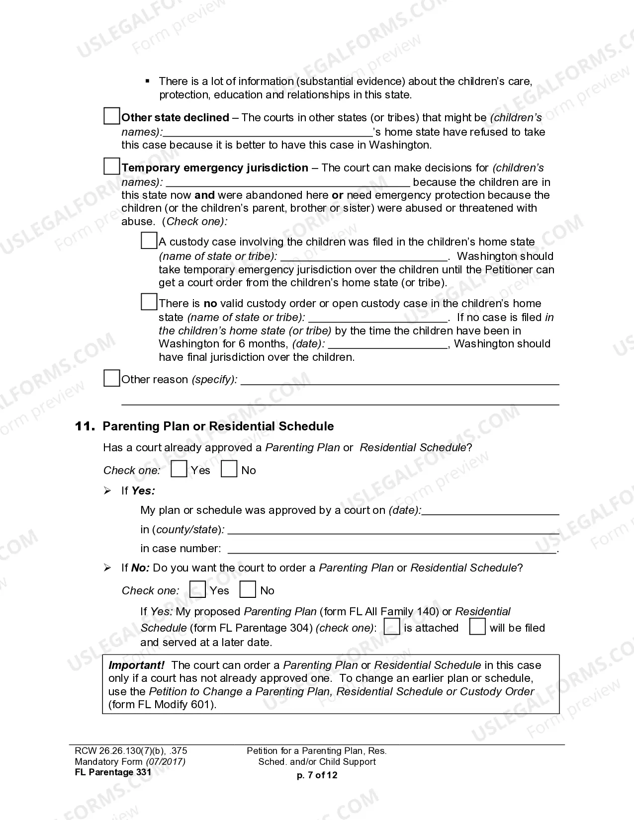 Preview WPF PS 15.0100 - Petition for Residential Schedule Parenting Plan Child Support
