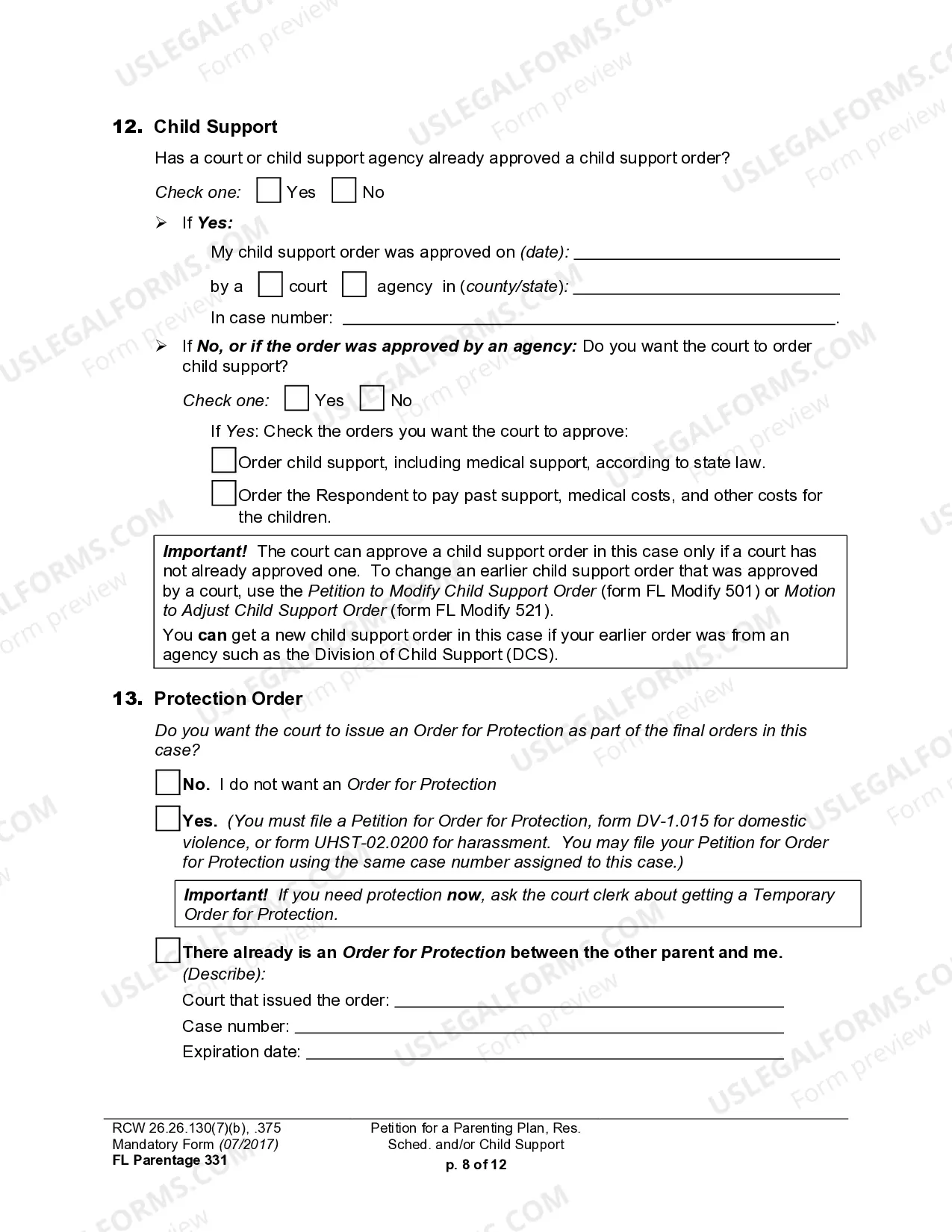 Preview WPF PS 15.0100 - Petition for Residential Schedule Parenting Plan Child Support
