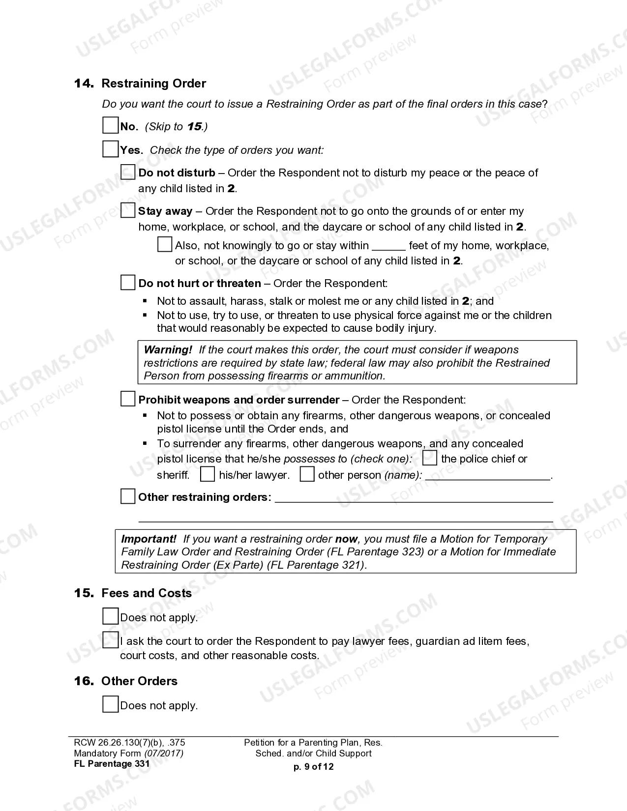 Preview WPF PS 15.0100 - Petition for Residential Schedule Parenting Plan Child Support