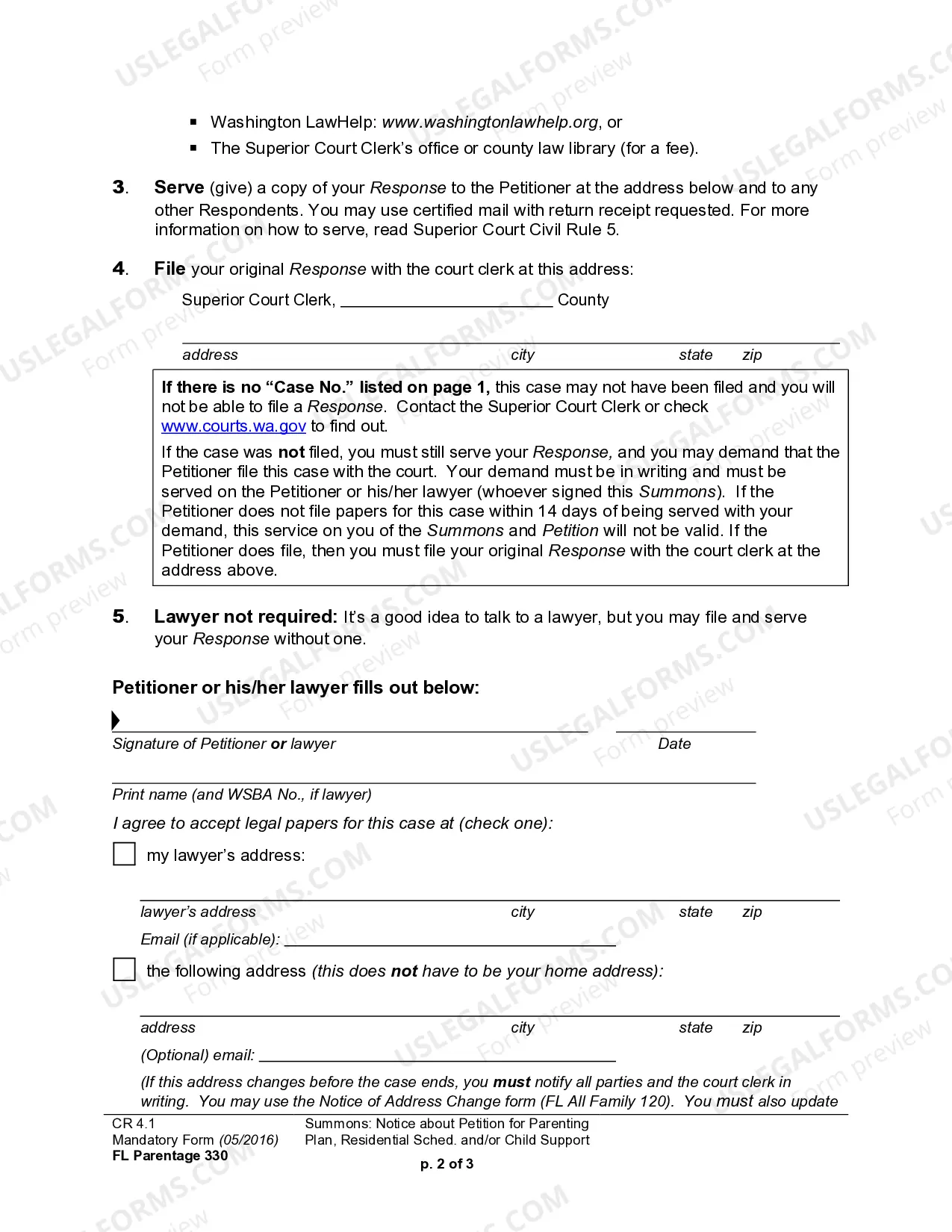Preview WPF PS 15.0200 - Summons - Petition for Residential Schedule, Parenting Plan or Child Support