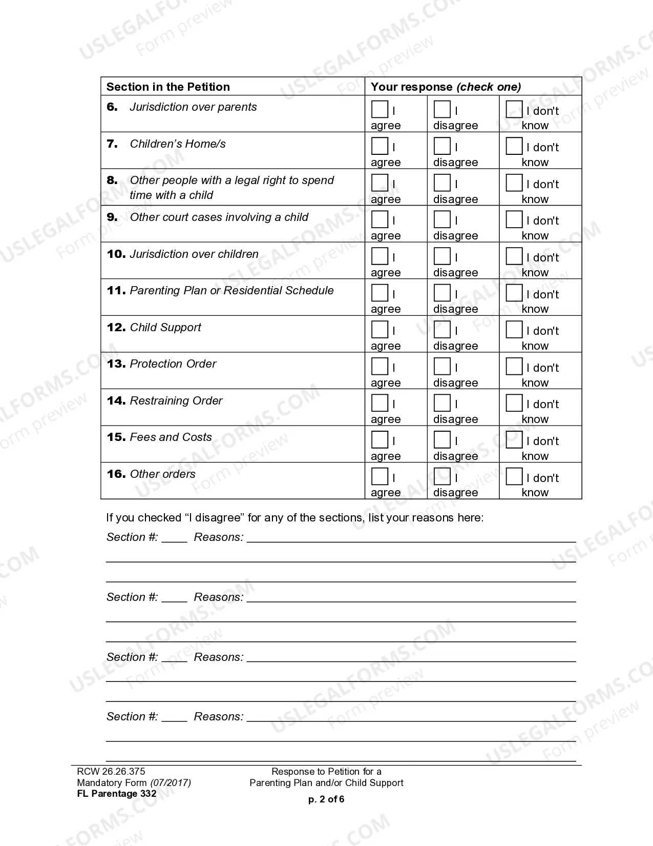 Preview WPF PS 15.0300 - Response to Petition for Residential Schedule Parenting Plan Child Support
