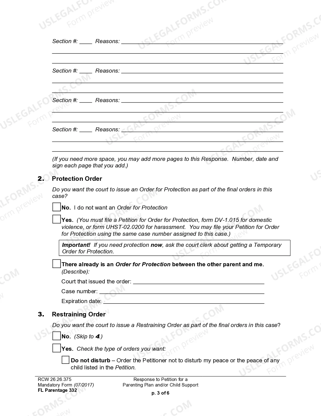 Preview WPF PS 15.0300 - Response to Petition for Residential Schedule Parenting Plan Child Support