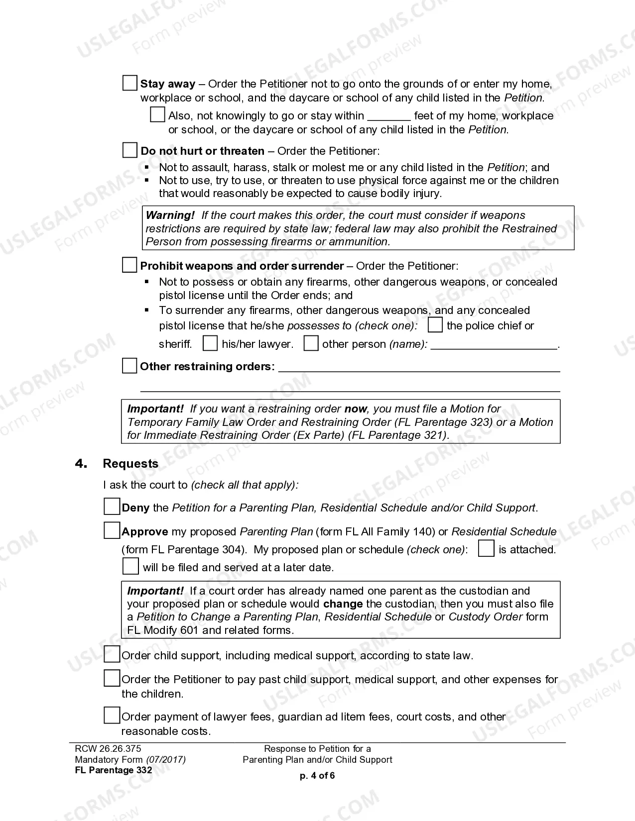 Preview WPF PS 15.0300 - Response to Petition for Residential Schedule Parenting Plan Child Support