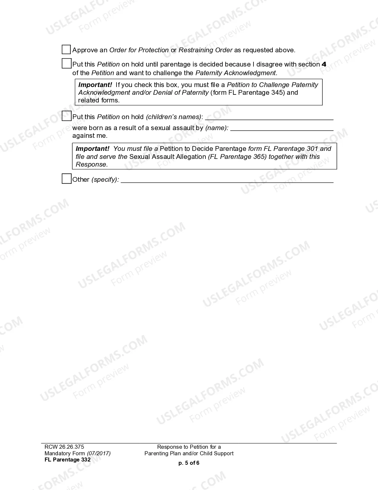 Preview WPF PS 15.0300 - Response to Petition for Residential Schedule Parenting Plan Child Support