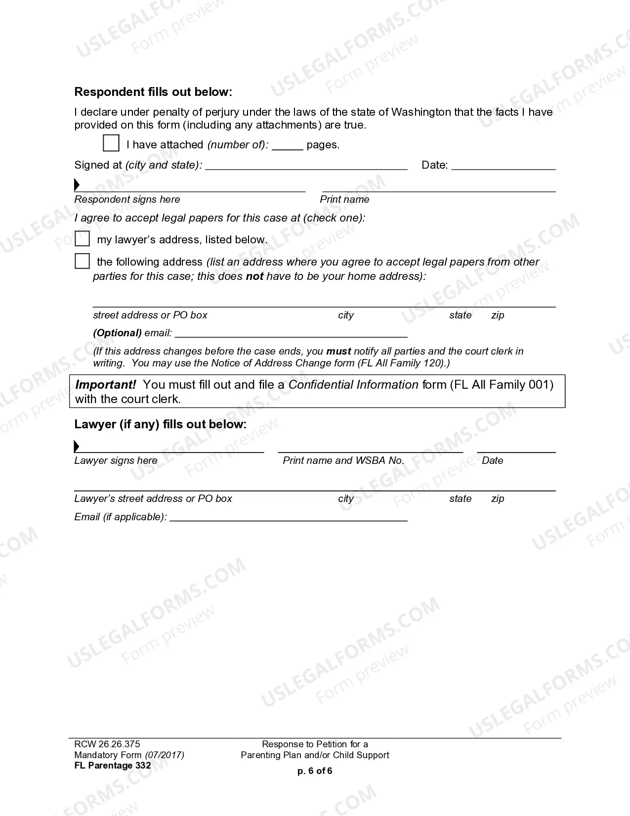 Preview WPF PS 15.0300 - Response to Petition for Residential Schedule Parenting Plan Child Support
