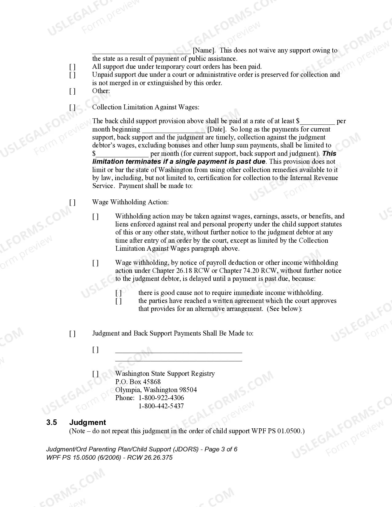 Preview WPF PS 15.0500 - Judgment and Order Establishing Residential Schedule Parenting Plan Child Support
