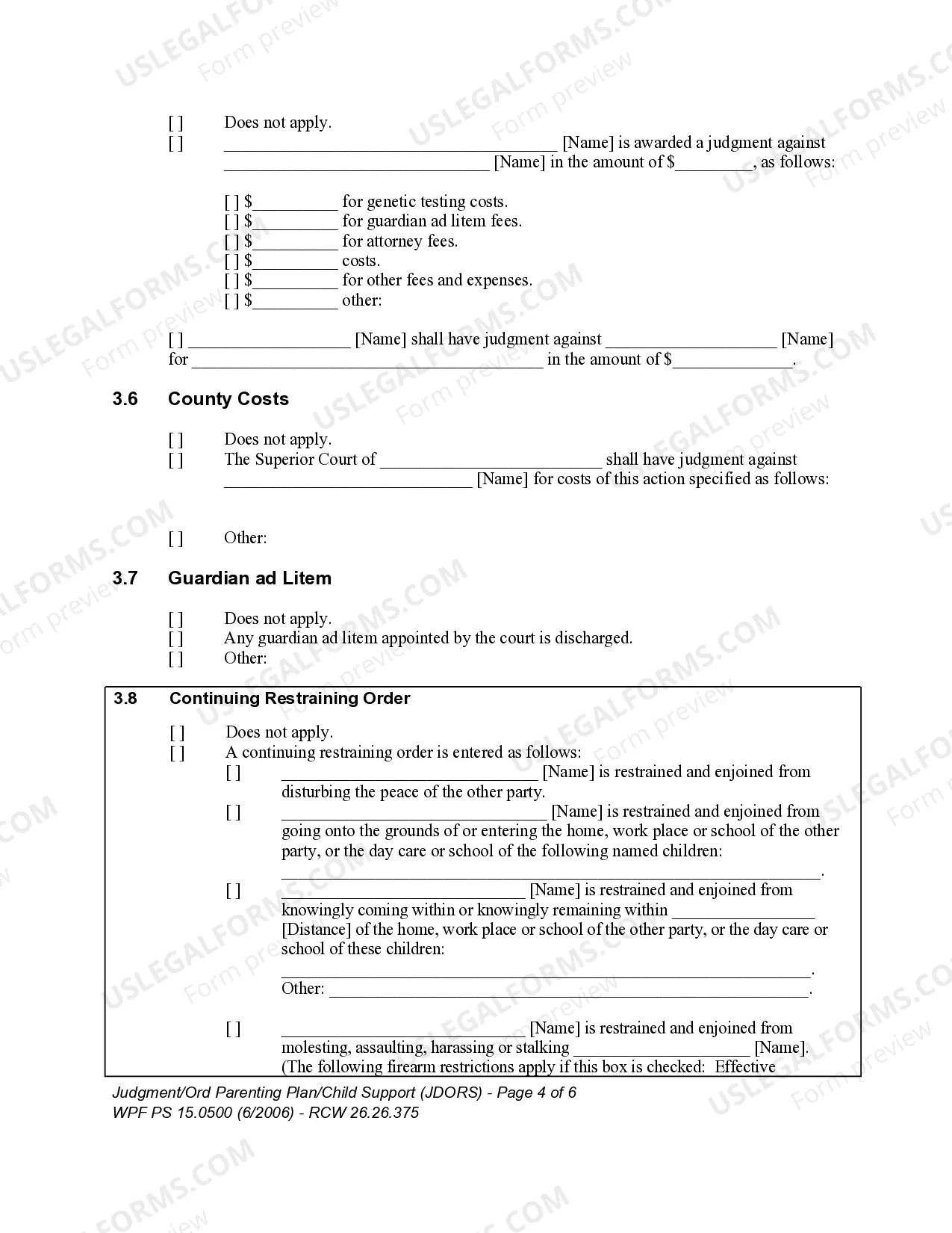 Preview WPF PS 15.0500 - Judgment and Order Establishing Residential Schedule Parenting Plan Child Support