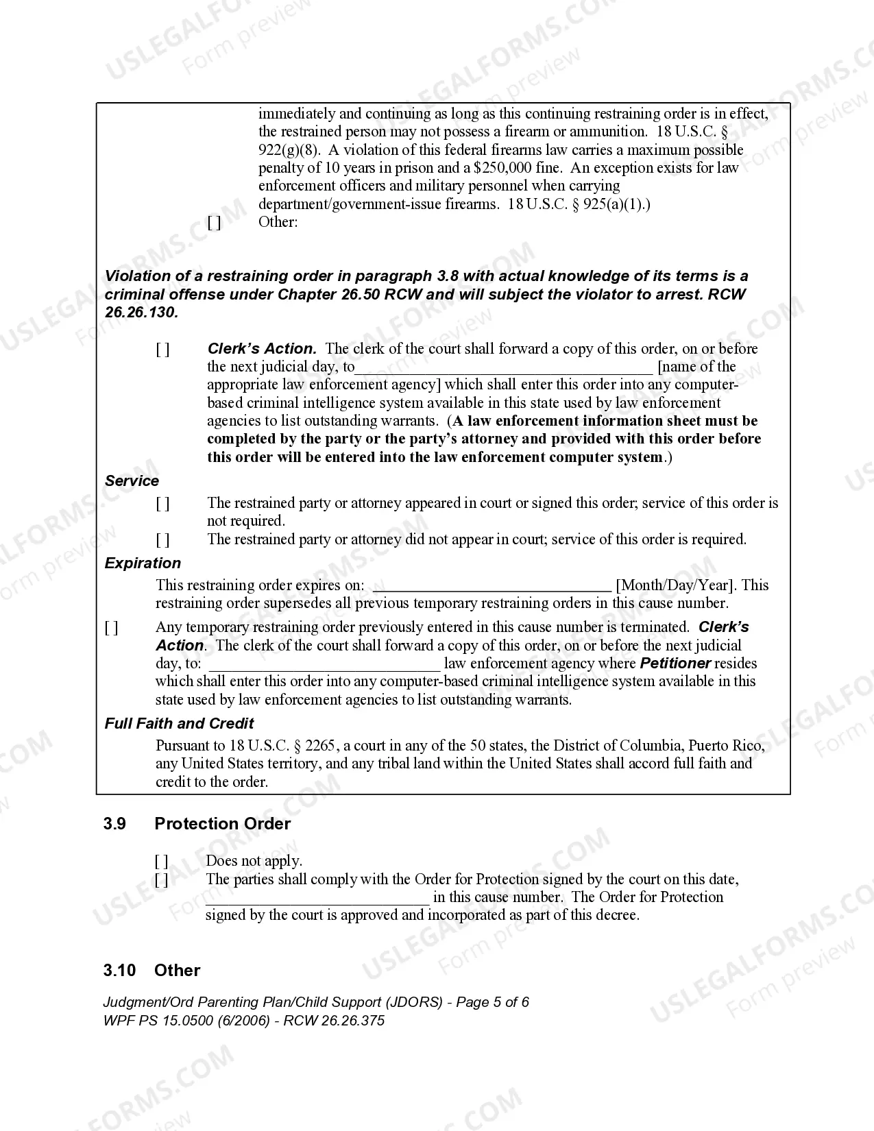 Preview WPF PS 15.0500 - Judgment and Order Establishing Residential Schedule Parenting Plan Child Support