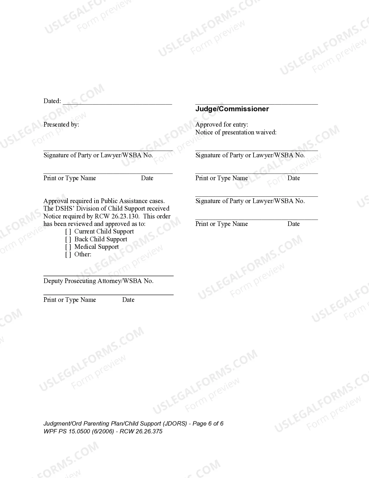 Preview WPF PS 15.0500 - Judgment and Order Establishing Residential Schedule Parenting Plan Child Support