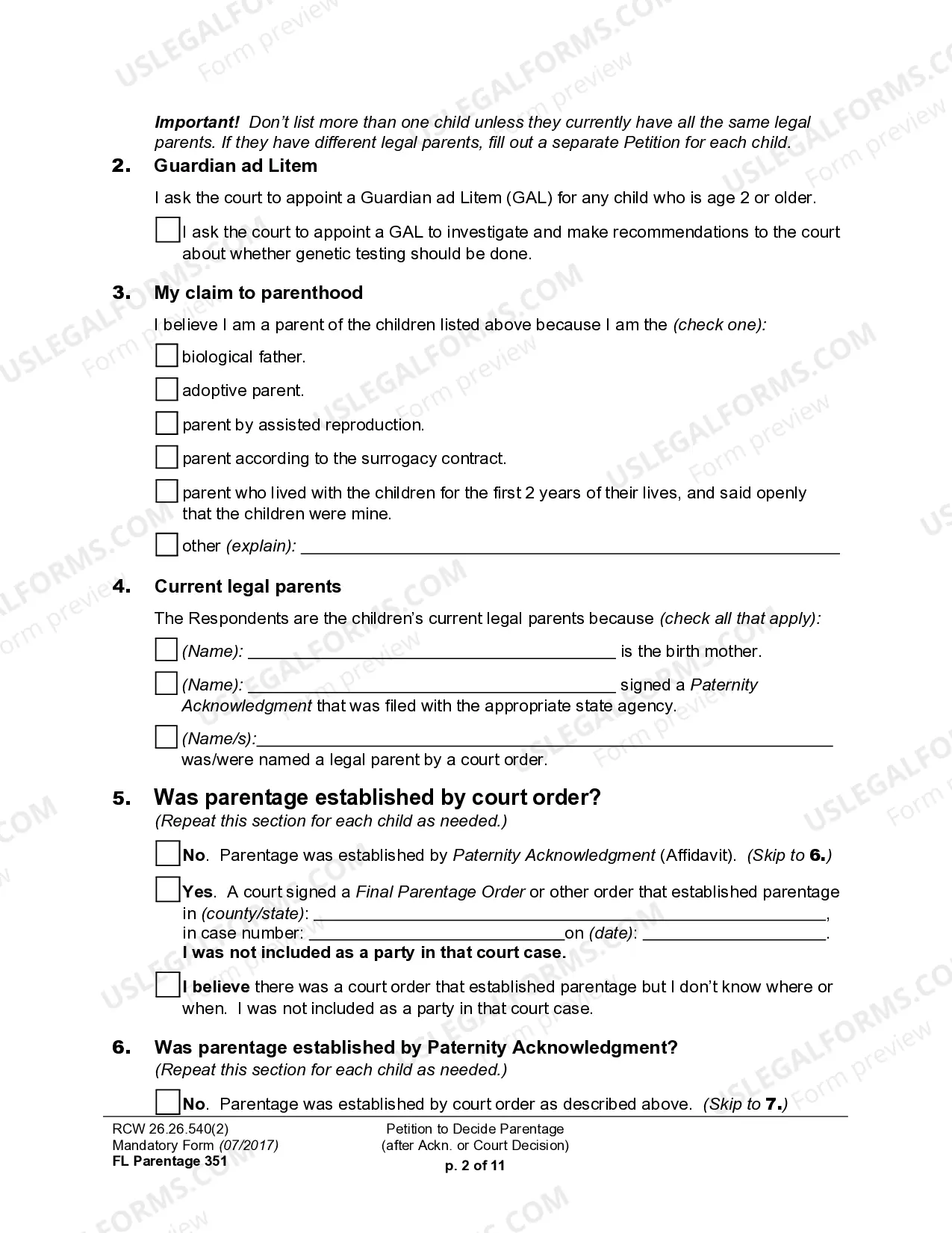 Preview WPF PS 16.0100 - Petition for Establishment of Parentage Pursuant to RCW 26.26