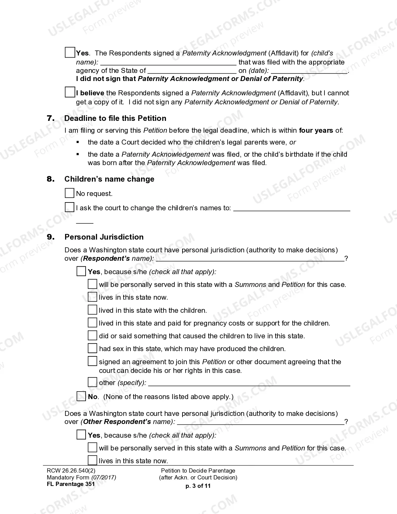 Preview WPF PS 16.0100 - Petition for Establishment of Parentage Pursuant to RCW 26.26