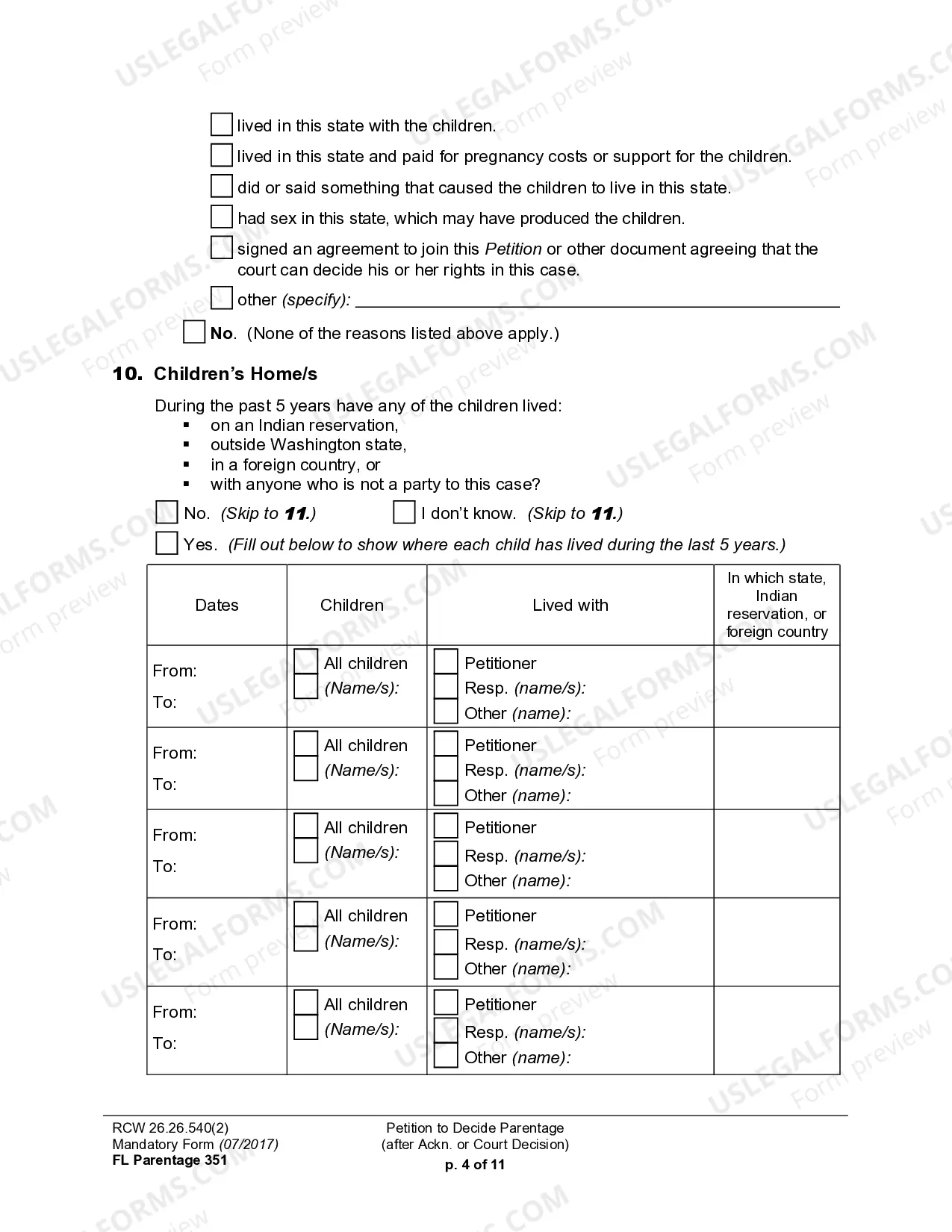 Preview WPF PS 16.0100 - Petition for Establishment of Parentage Pursuant to RCW 26.26