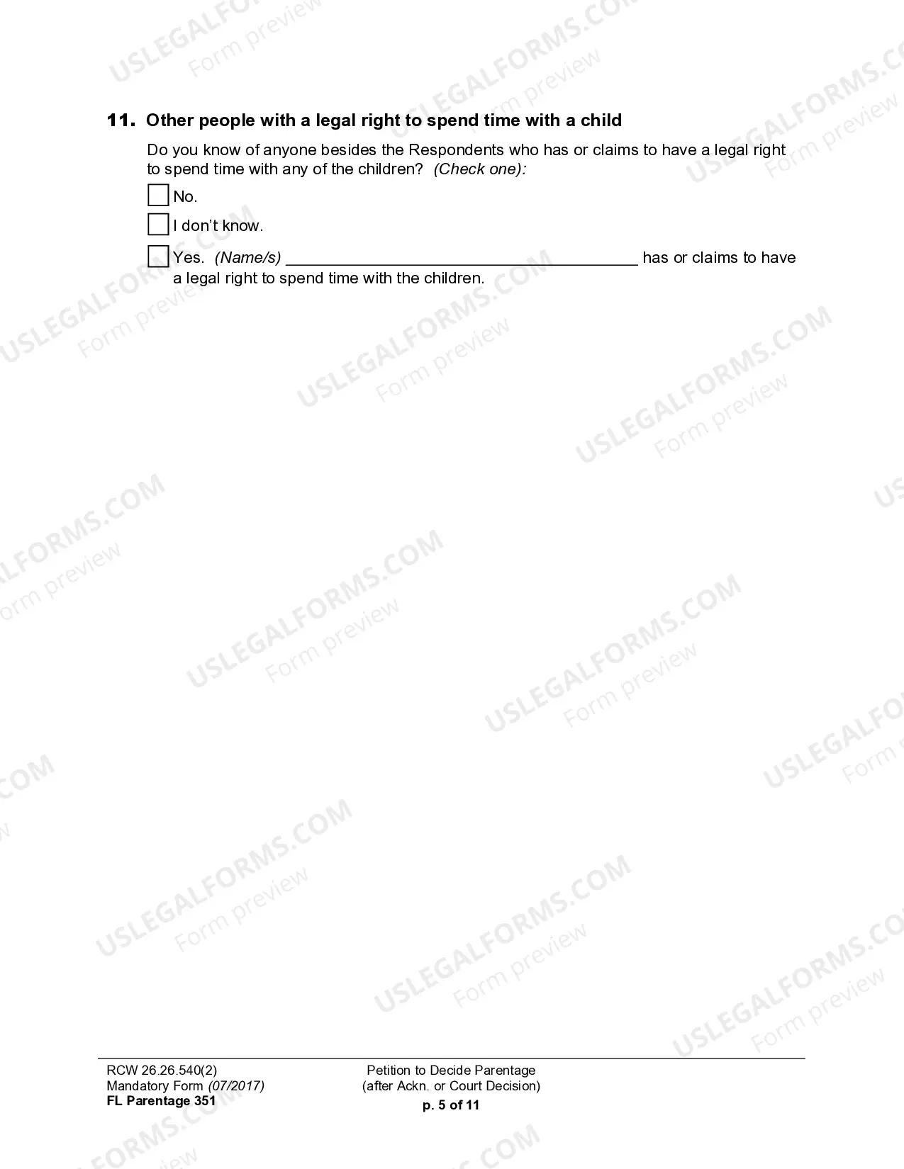 Preview WPF PS 16.0100 - Petition for Establishment of Parentage Pursuant to RCW 26.26
