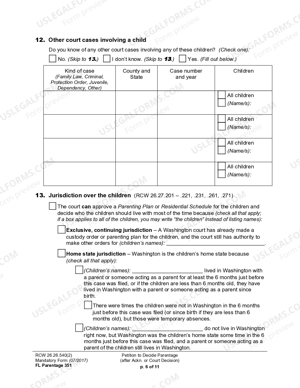 Preview WPF PS 16.0100 - Petition for Establishment of Parentage Pursuant to RCW 26.26