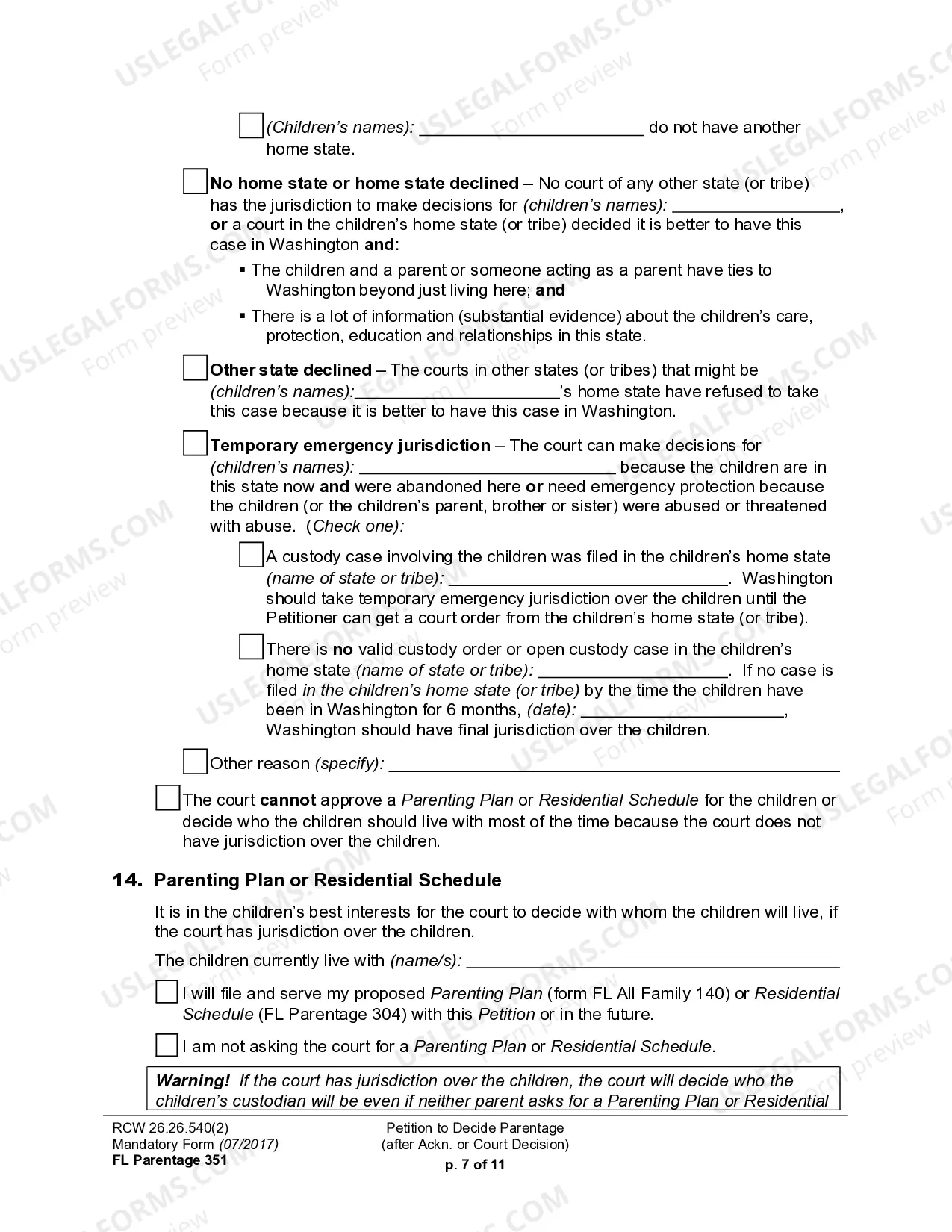 Preview WPF PS 16.0100 - Petition for Establishment of Parentage Pursuant to RCW 26.26