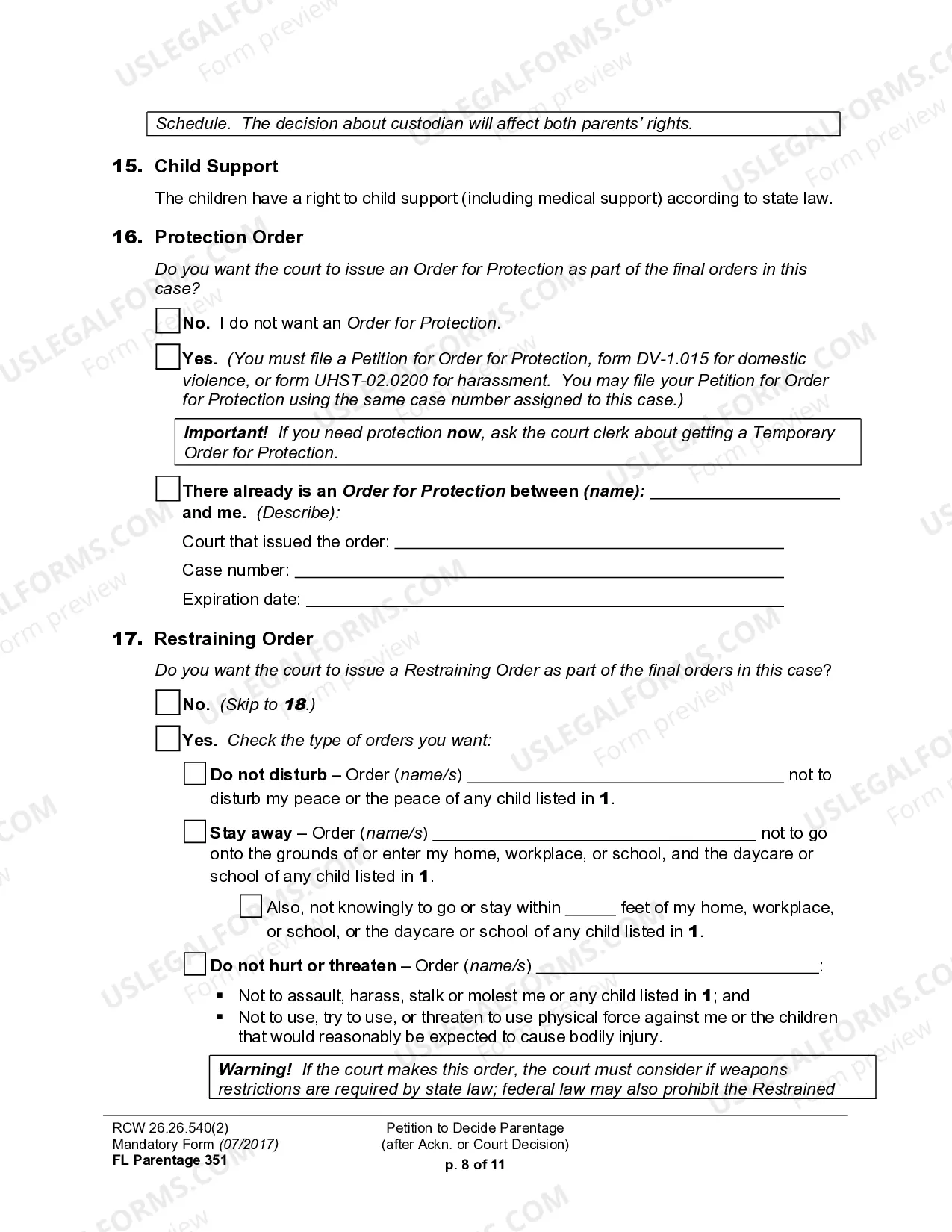 Preview WPF PS 16.0100 - Petition for Establishment of Parentage Pursuant to RCW 26.26