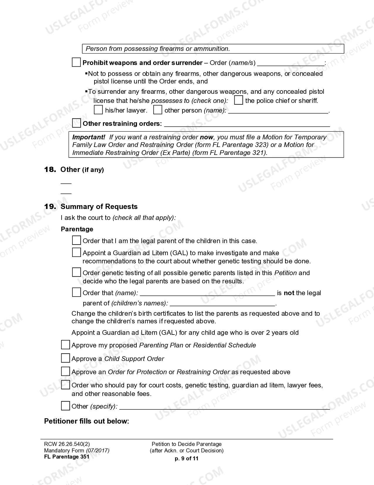 Preview WPF PS 16.0100 - Petition for Establishment of Parentage Pursuant to RCW 26.26