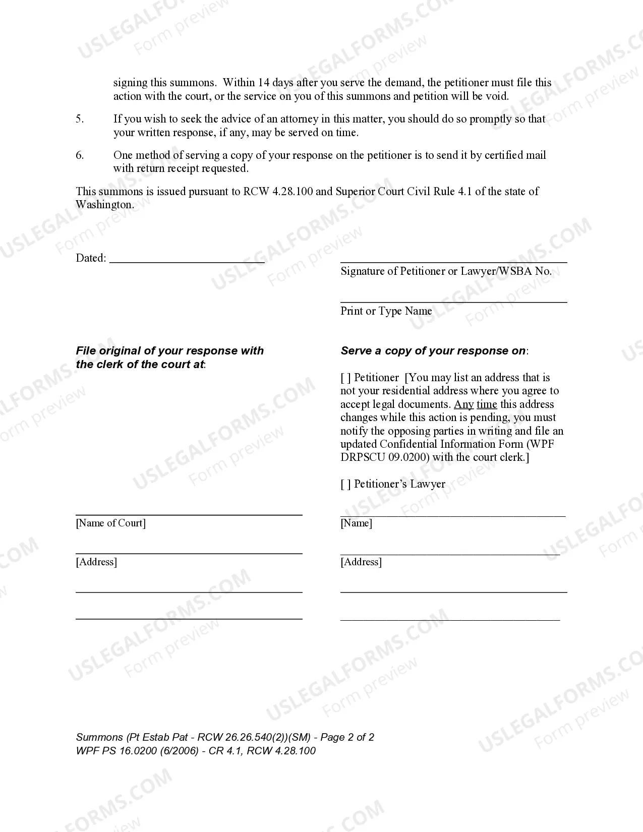 Preview WPF PS 16.0200 - Summons - Petition for Establishment of Parentage Pursuant to RCW 26.26