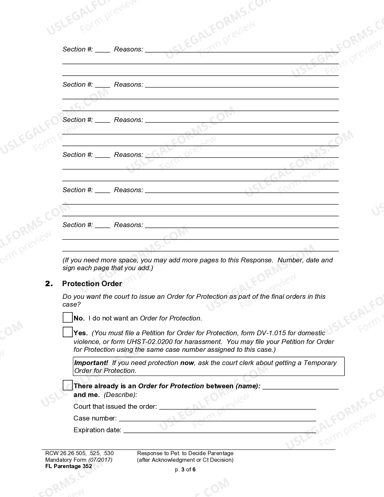 Preview WPF PS 16.0300 - Response to Petition for Establishment of Parentage Pursuant to RCW 26.26