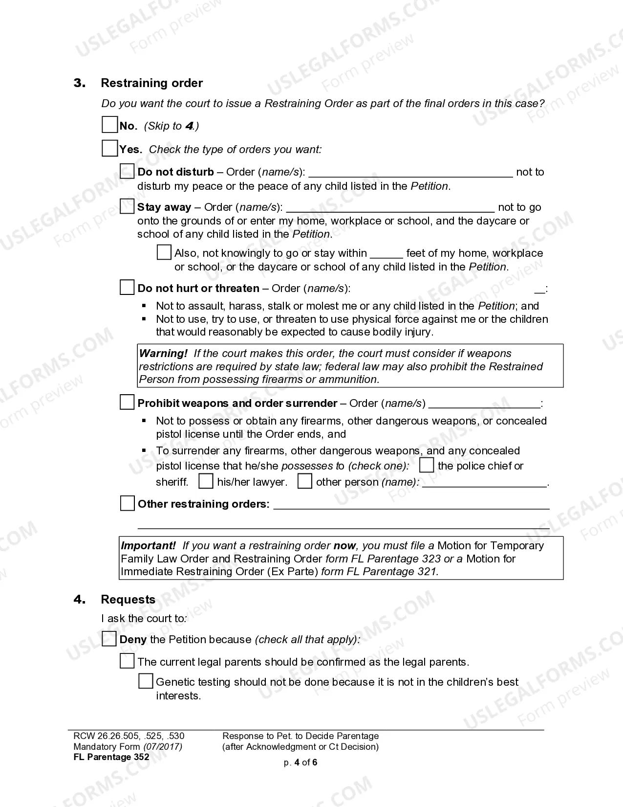 Preview WPF PS 16.0300 - Response to Petition for Establishment of Parentage Pursuant to RCW 26.26
