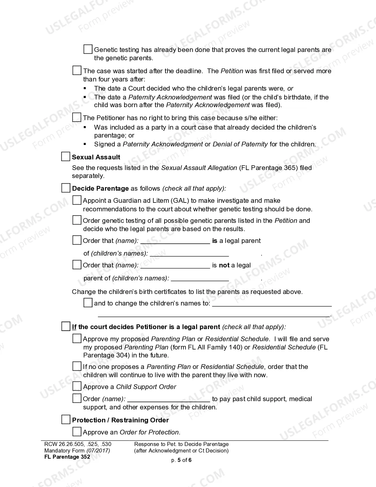 Preview WPF PS 16.0300 - Response to Petition for Establishment of Parentage Pursuant to RCW 26.26