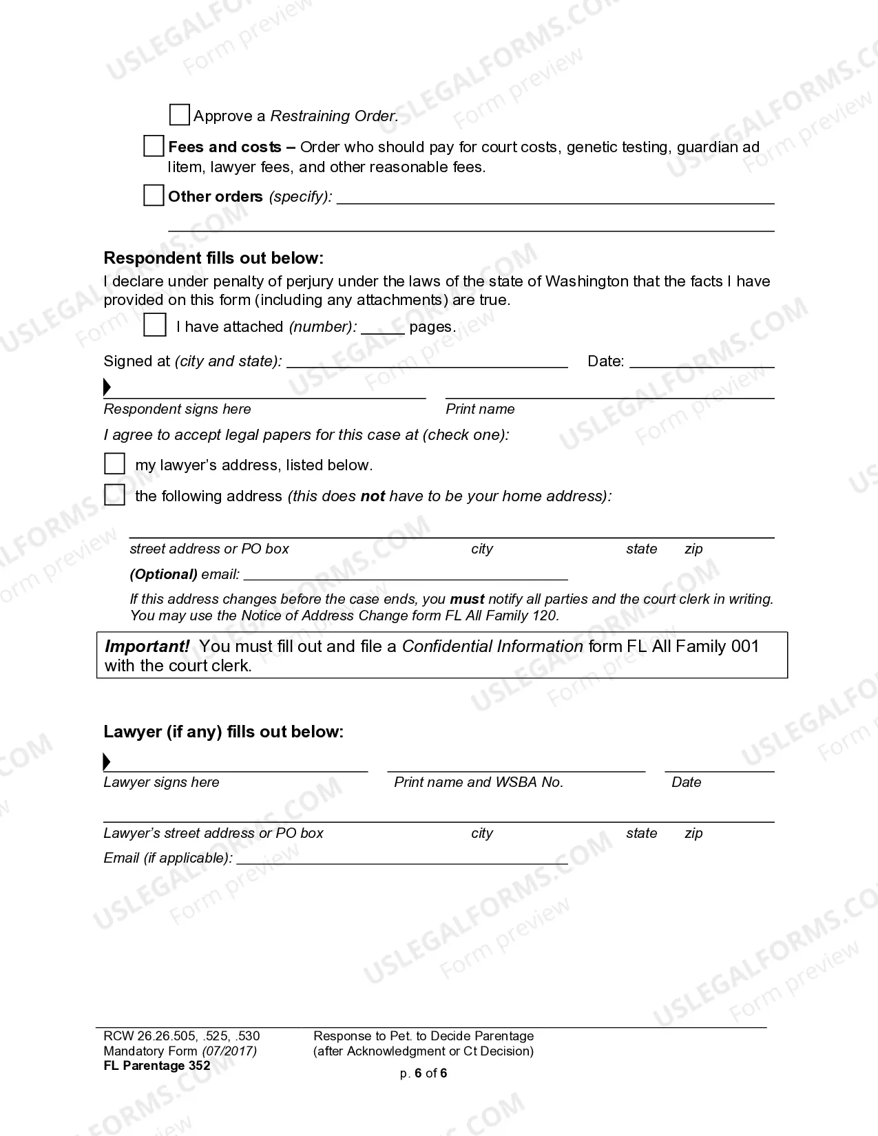 Preview WPF PS 16.0300 - Response to Petition for Establishment of Parentage Pursuant to RCW 26.26