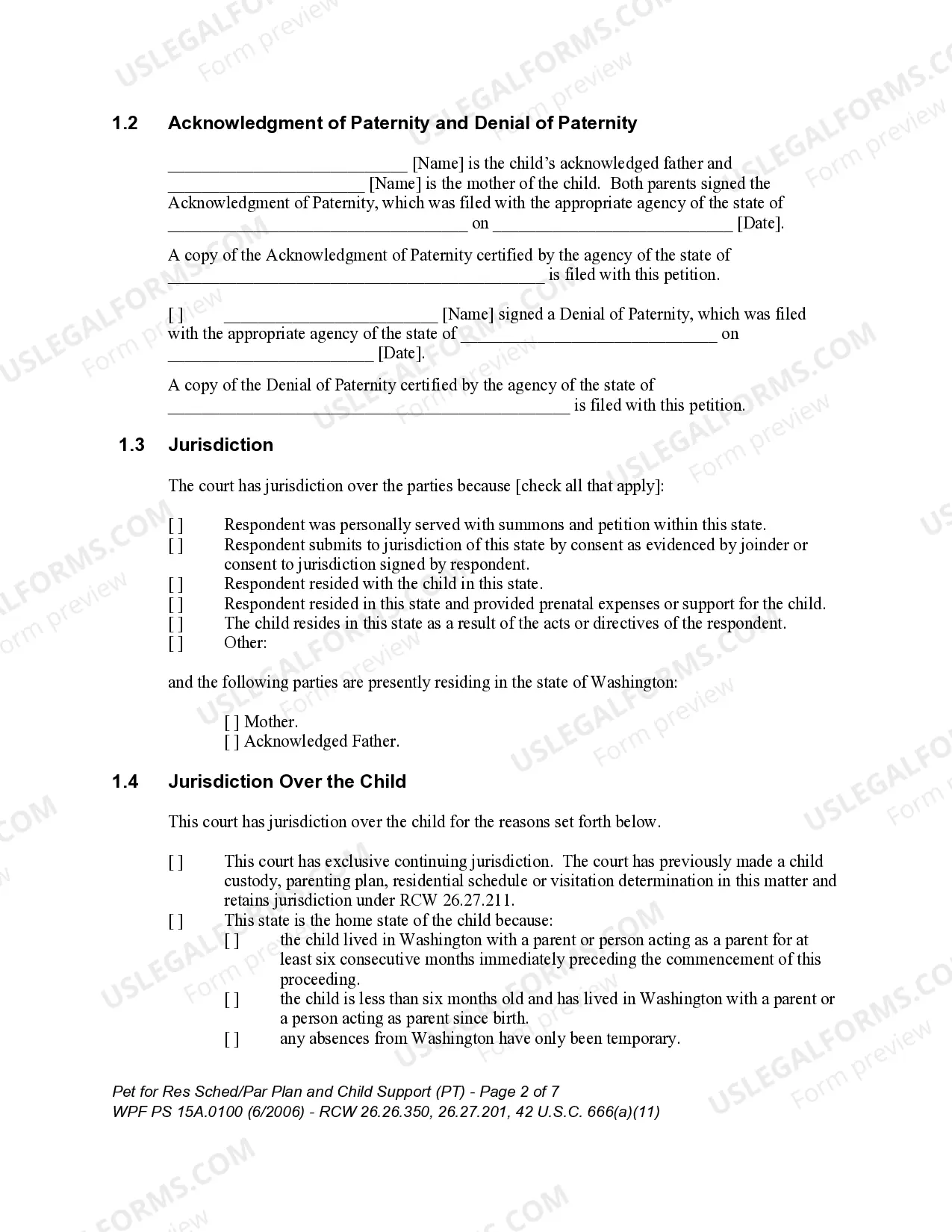 Preview WPF PS 15A.0100 - Petition for Residential Schedule - Parenting Plan - Child Support
