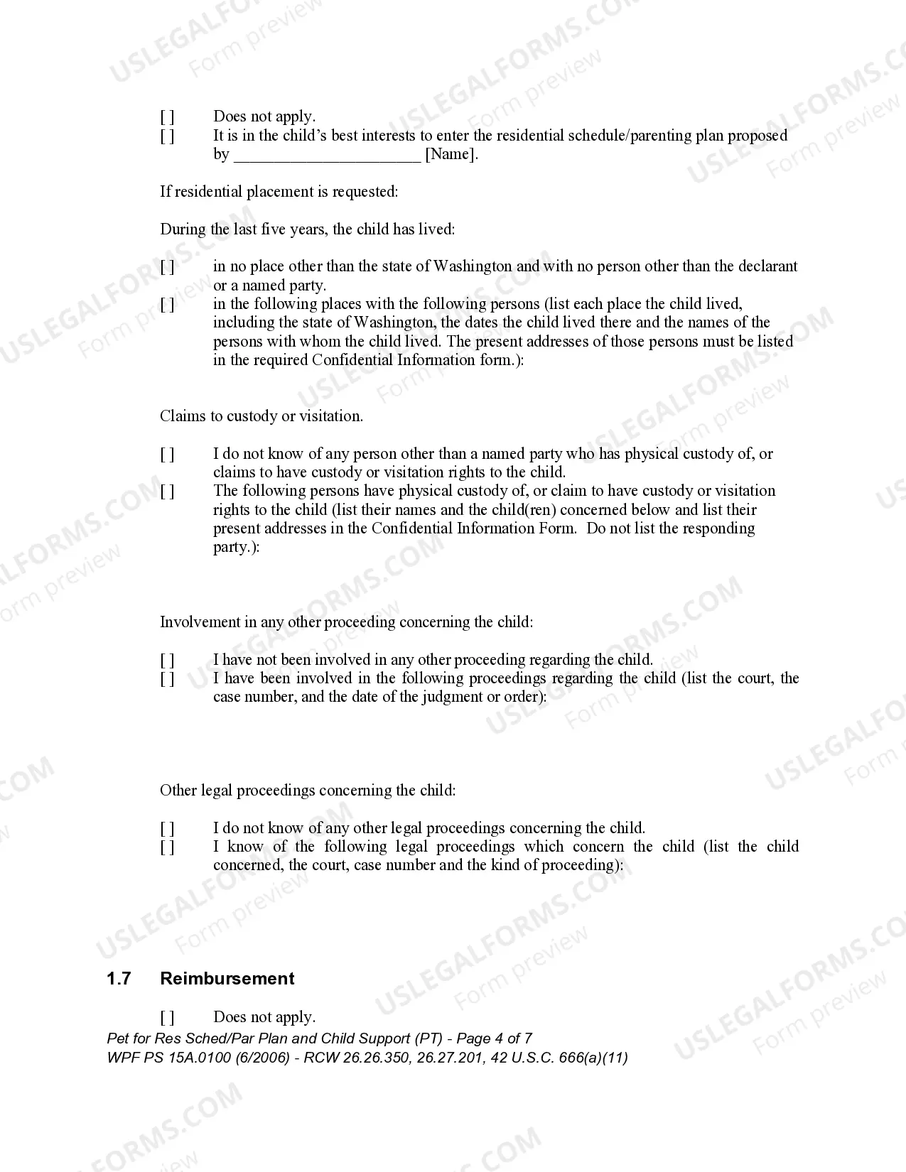 Preview WPF PS 15A.0100 - Petition for Residential Schedule - Parenting Plan - Child Support