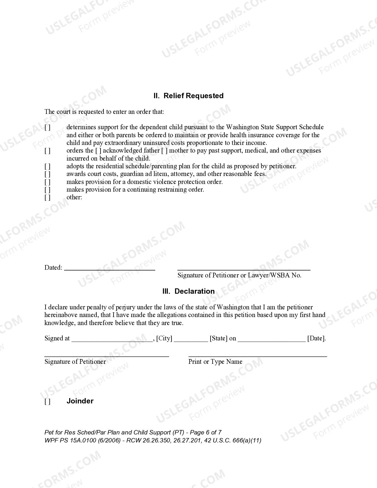 Preview WPF PS 15A.0100 - Petition for Residential Schedule - Parenting Plan - Child Support