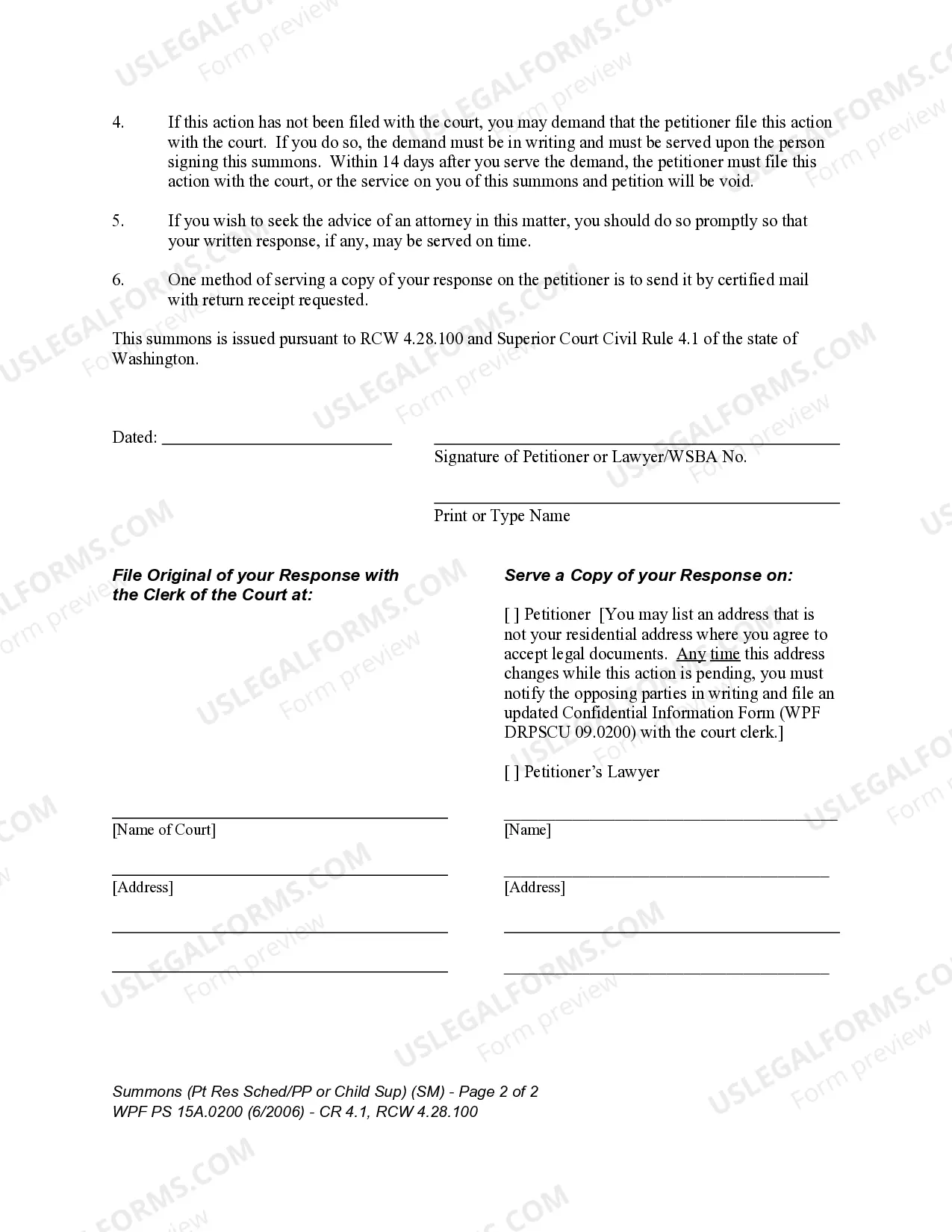 Preview WPF PS 15A.0200 - Summons - Petition for Residential Schedule - Parenting Plan or