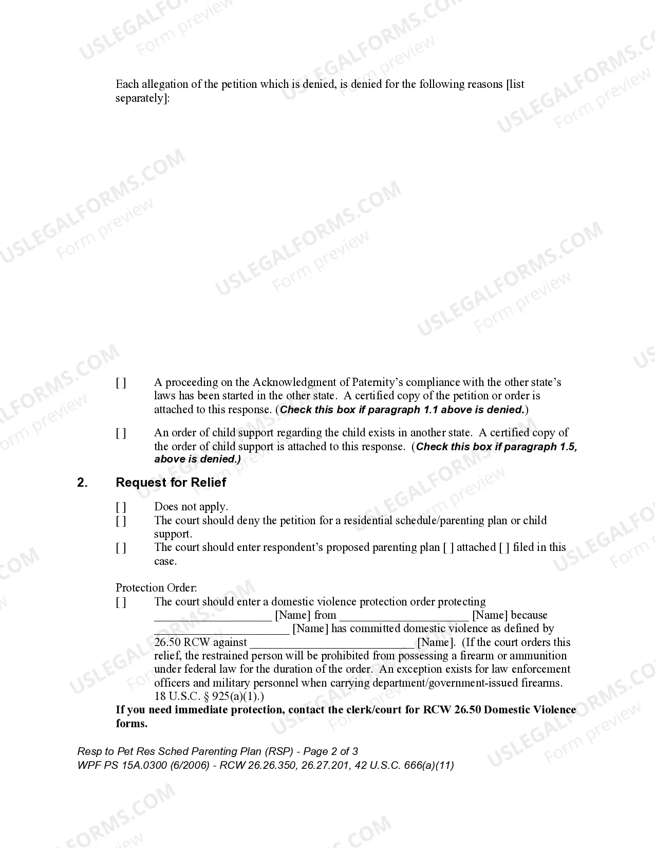 Preview WPF PS 15A.0300 - Response to Petition for Residential Schedule - Parenting Plan -