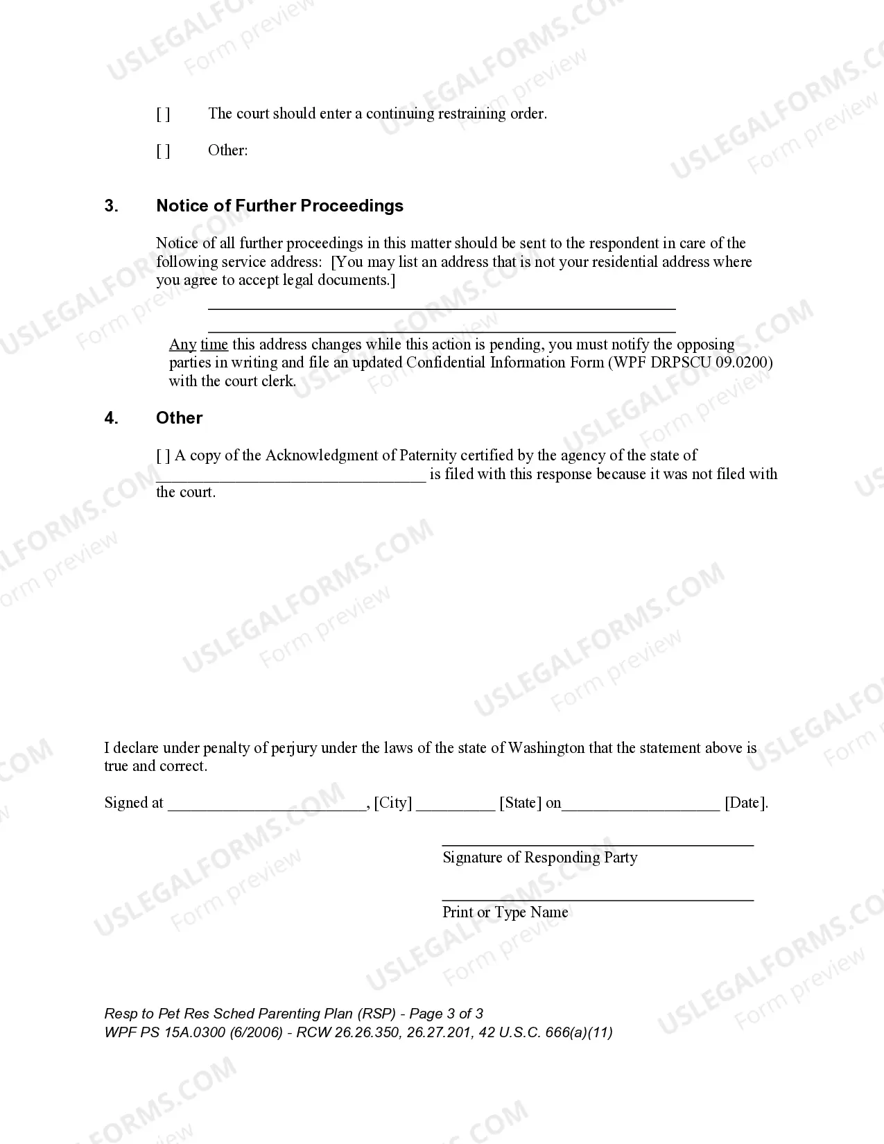 Preview WPF PS 15A.0300 - Response to Petition for Residential Schedule - Parenting Plan -