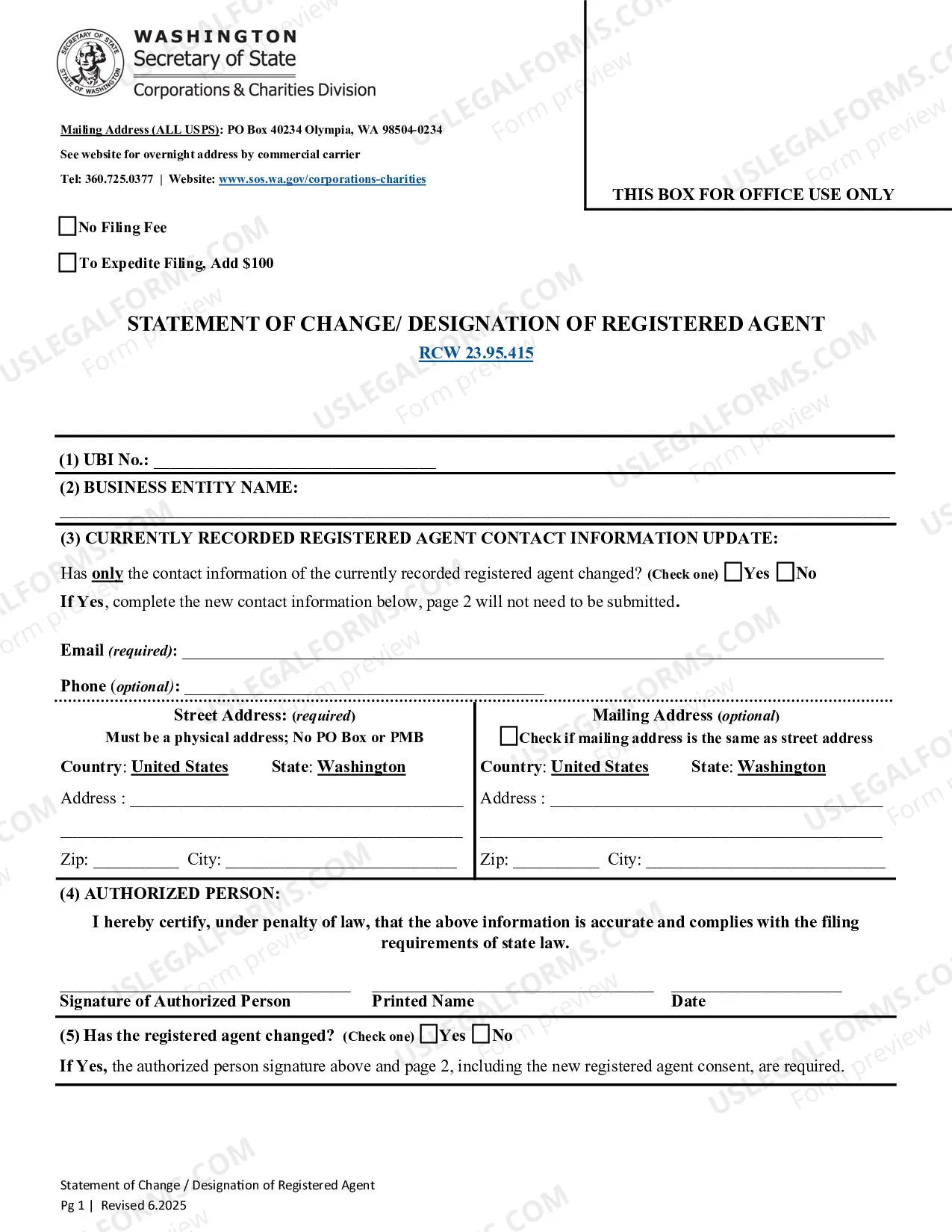 Preview Washington Change of Registered Agent